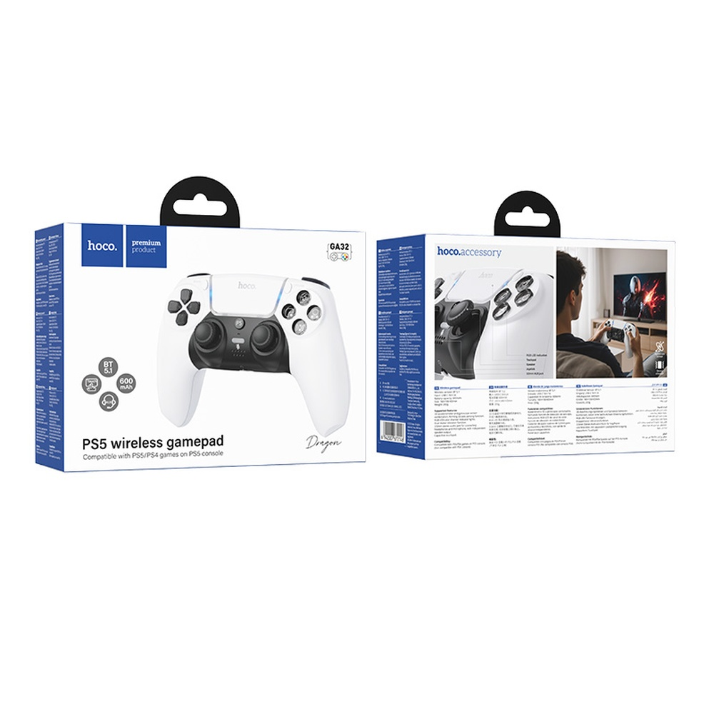 Caja blanca de gamepad inalámbrico PS5 con imagen del producto y detalles.