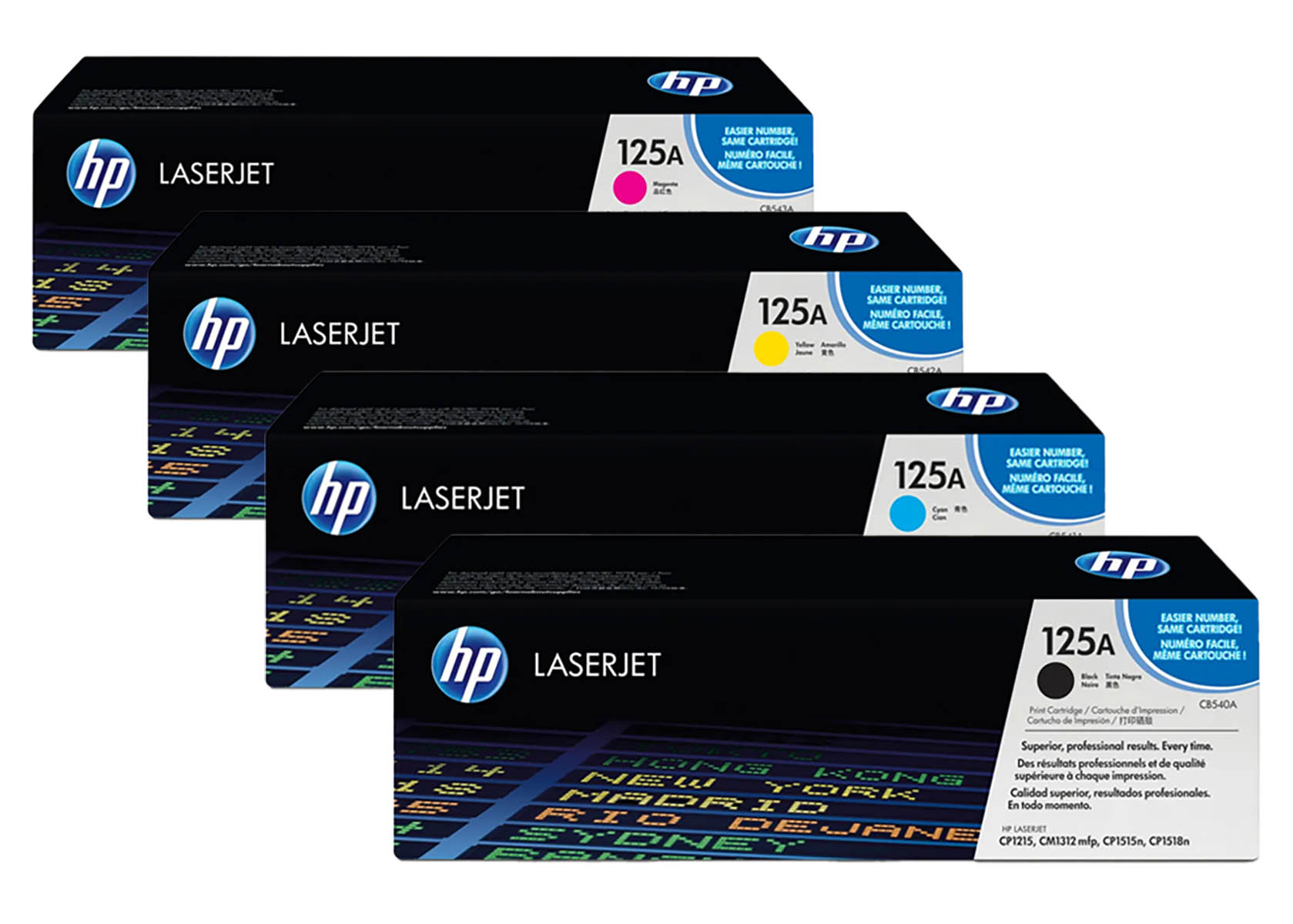 Vier HP LaserJet 125A Tonerkartuschen in Magenta, Gelb, Cyan und Schwarz.