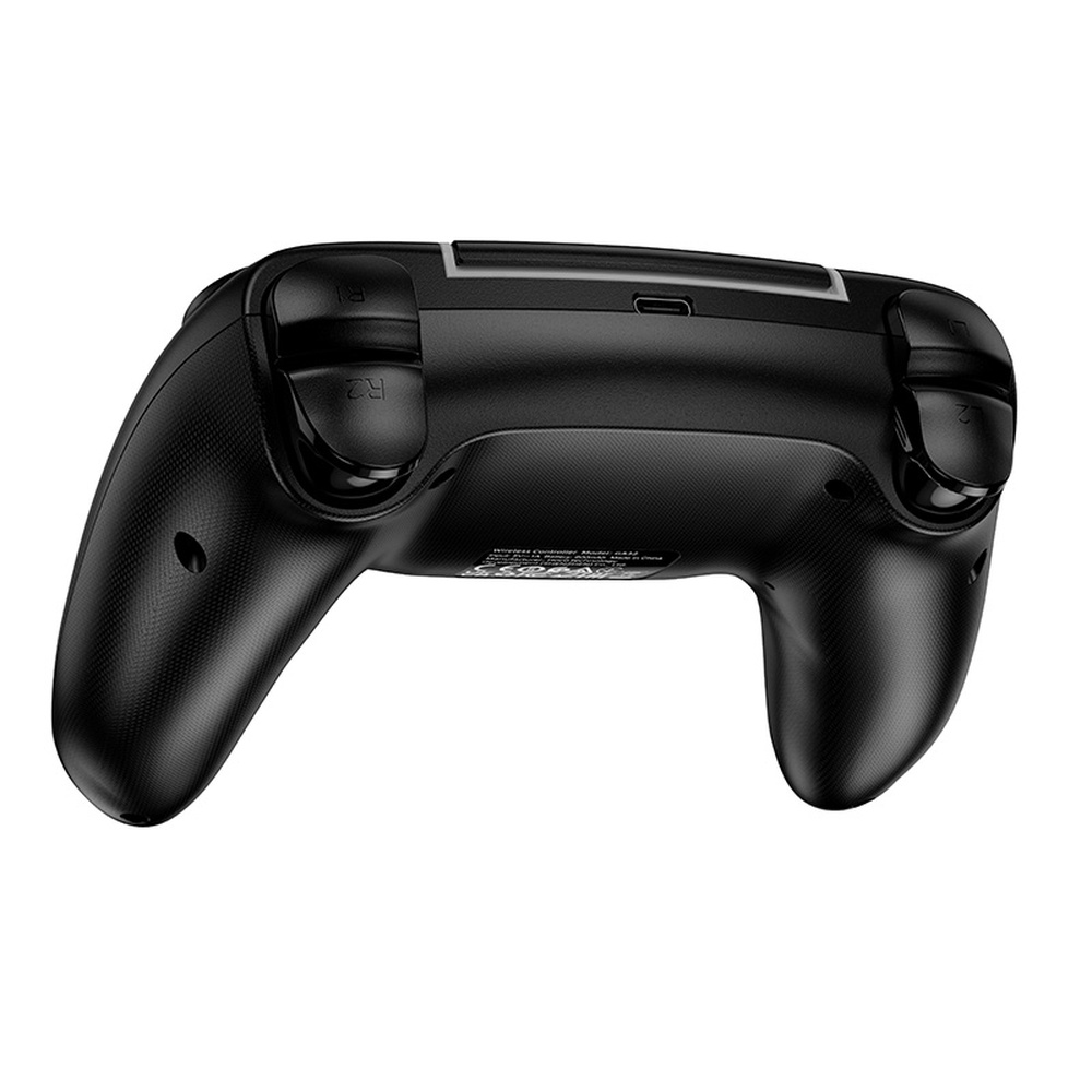 Mando de juego negro visto desde abajo, con puerto USB-C y botones R1/R2.