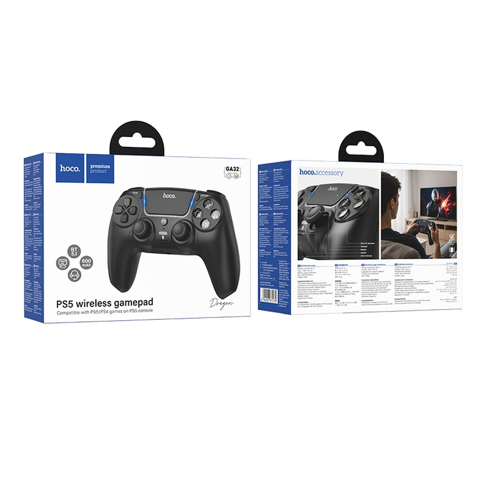 Embalaje de un mando inalámbrico negro PS5 con logo Hoco.