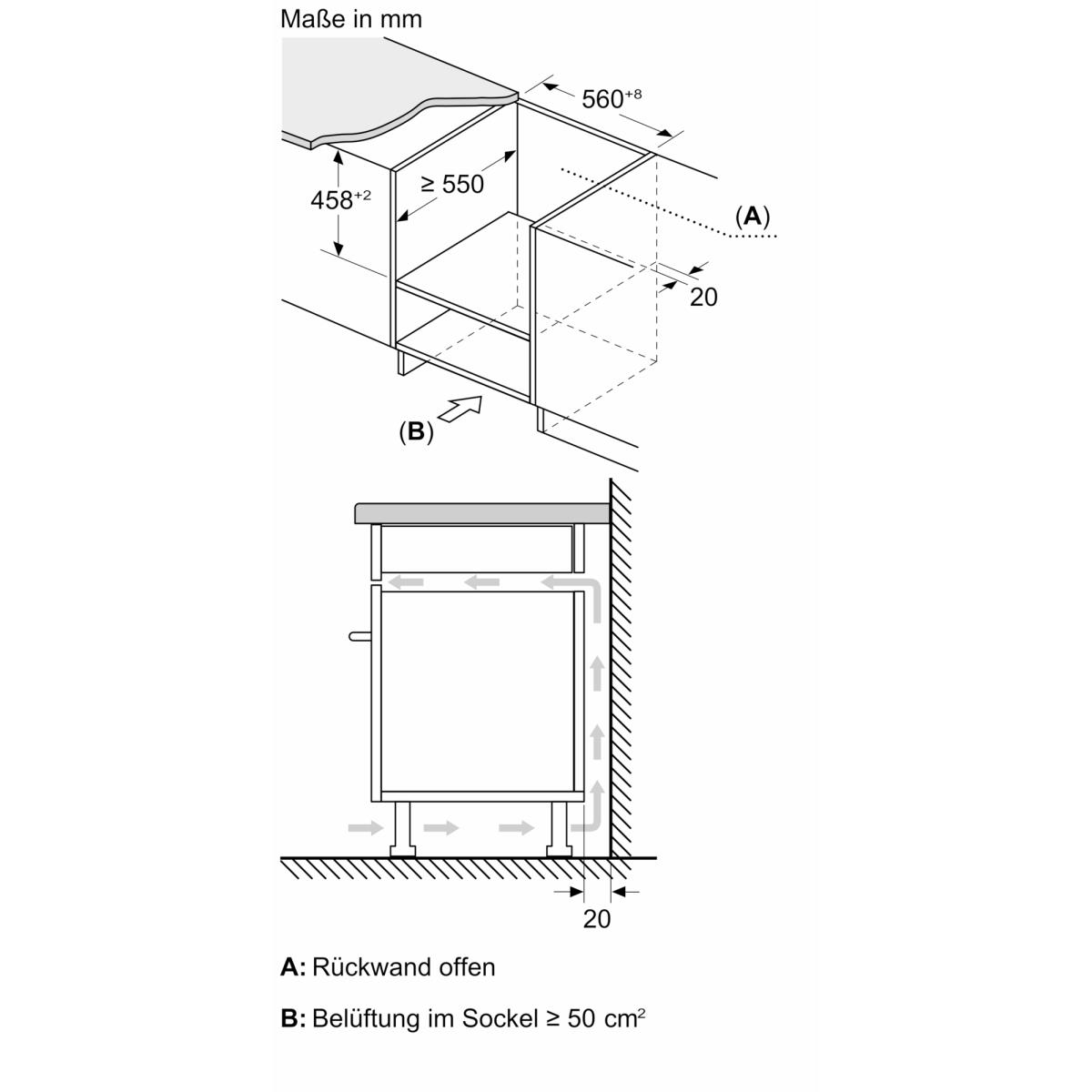 Technical drawing with dimensions for installation. Ventilation paths are shown.