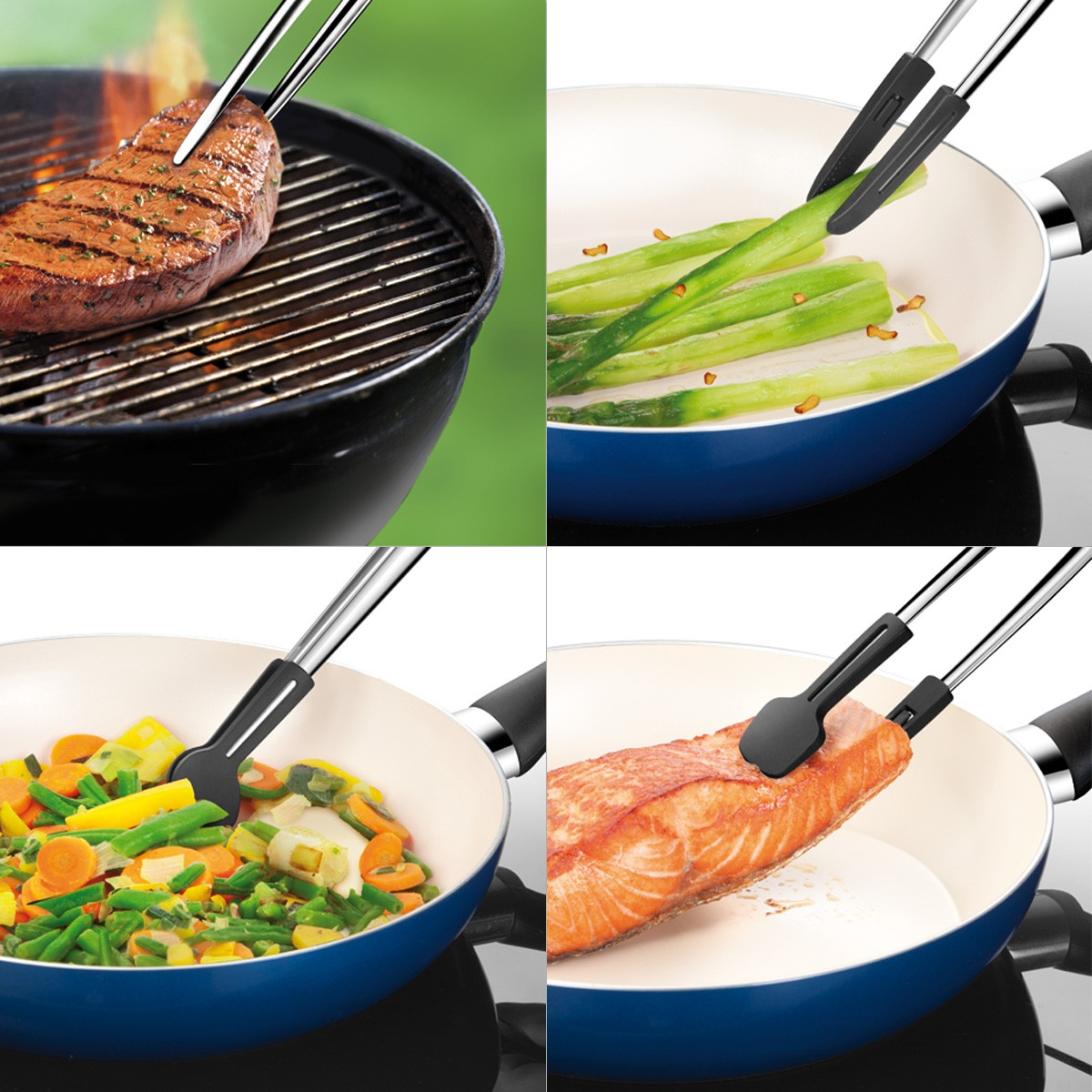 Vier Kochszenen: Steak auf Grill, Spargel in Pfanne, Gemüse in Pfanne, Lachs in Pfanne.