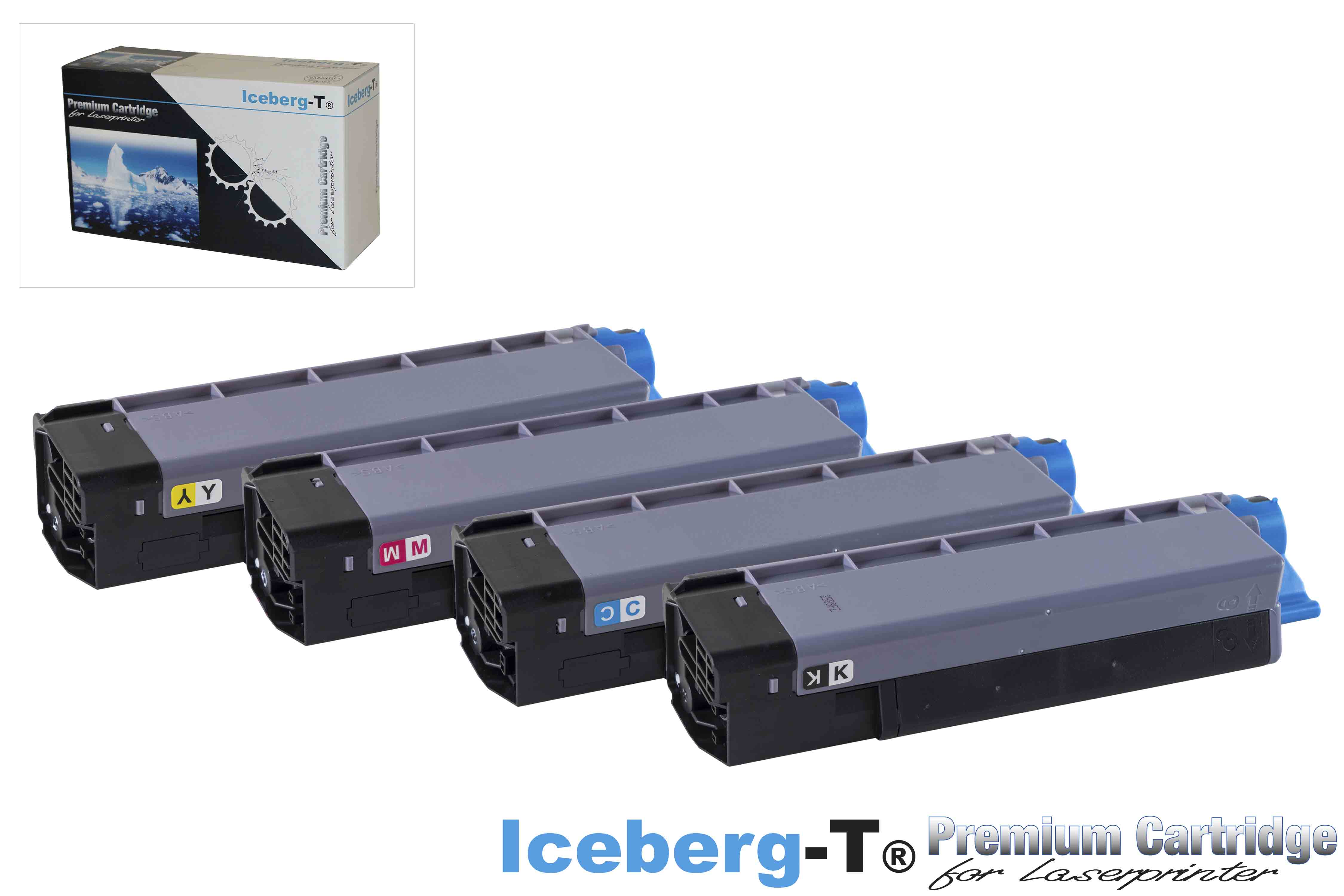 Vier Laserdrucker-Tonerkartuschen in Grau und Schwarz, beschriftet Y, M, C, K.