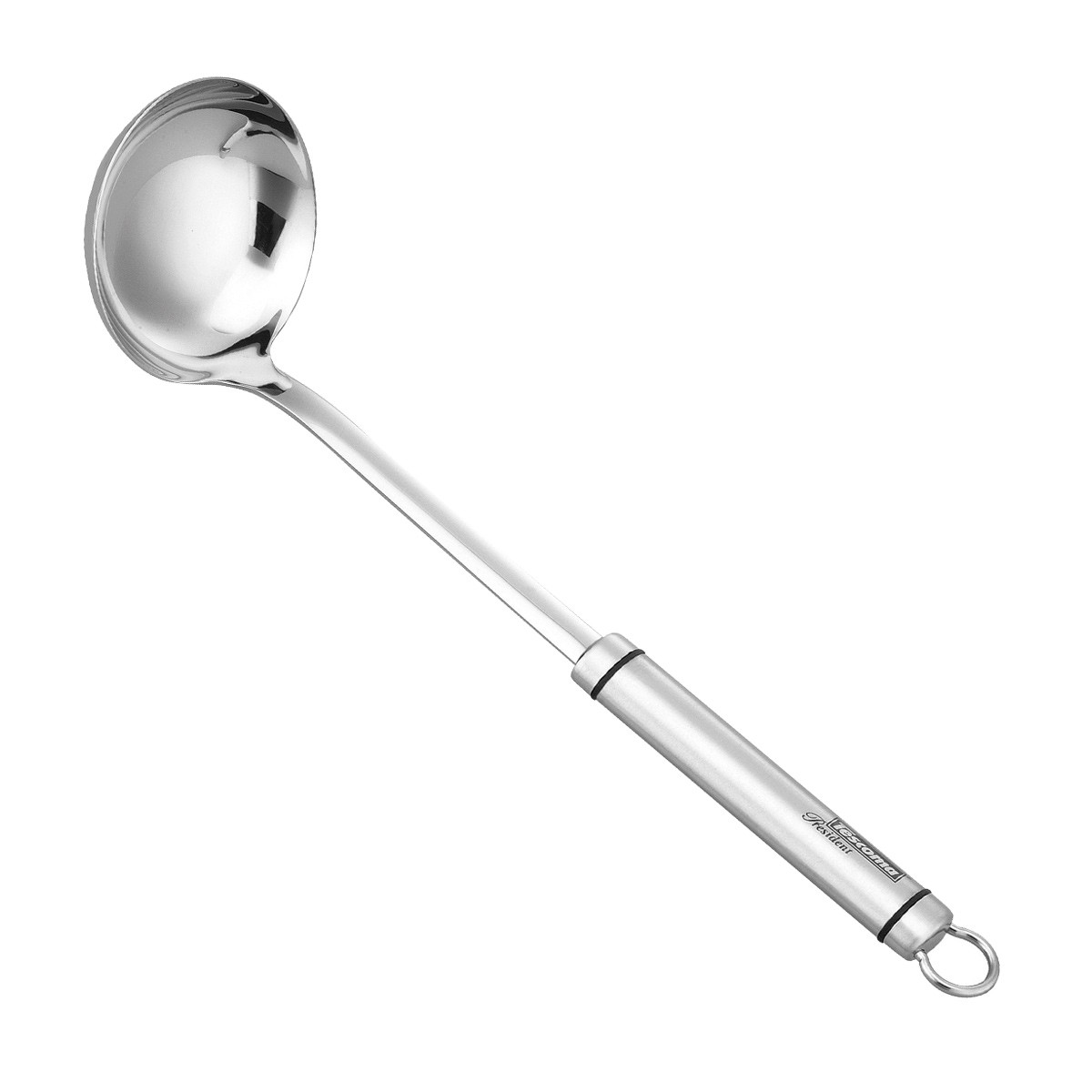 Eine glänzende, silberne Suppenkelle aus Metall mit langem Stiel.