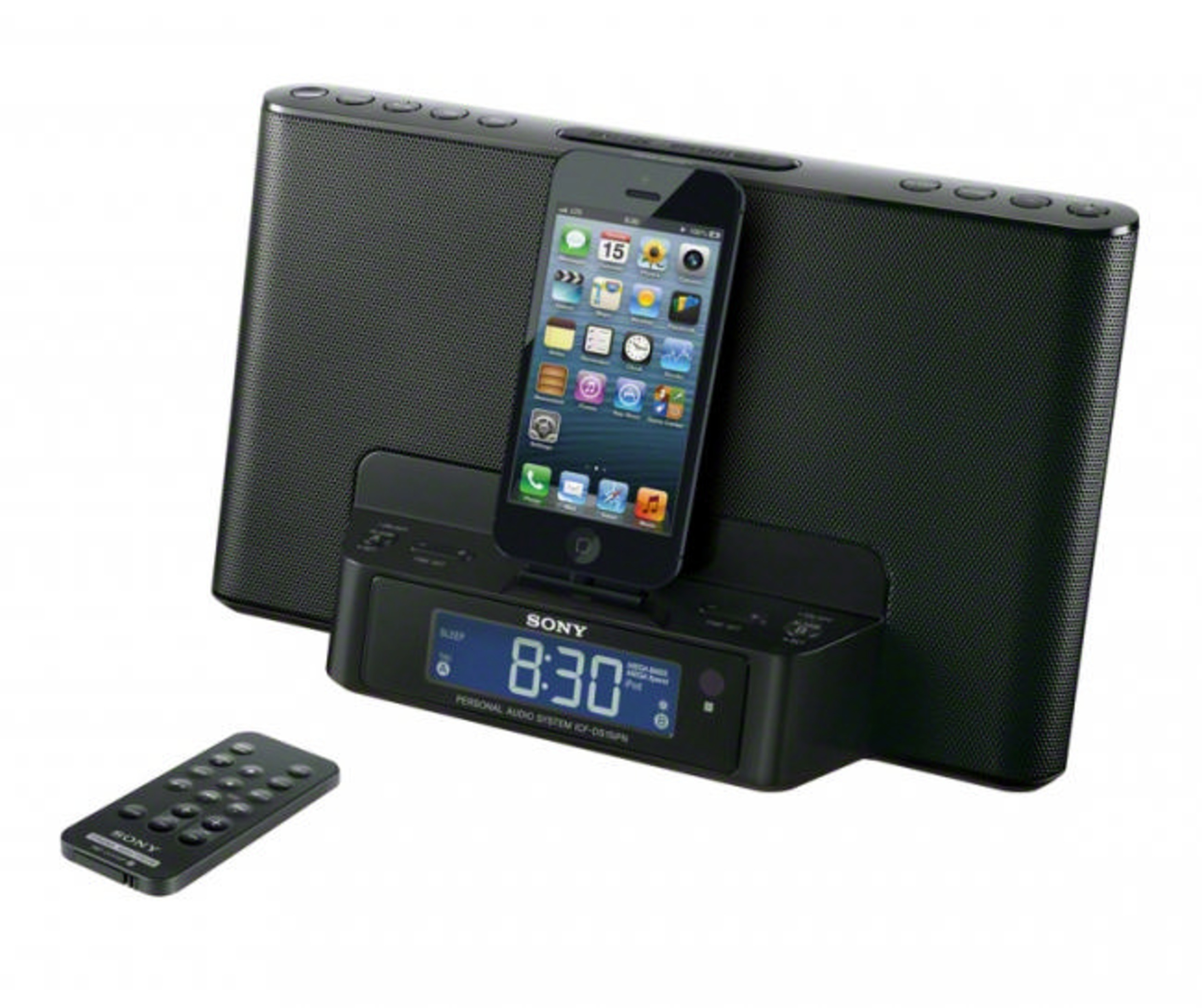 Schwarzer Lautsprecher mit iPhone-Dock und Fernbedienung. 8:30 Uhr angezeigt.