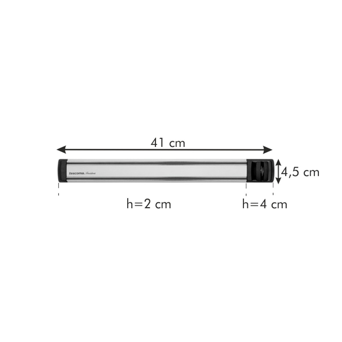 Ein silberner Magnetleisten für Messer, 41cm lang, 2cm und 4,5cm hoch.