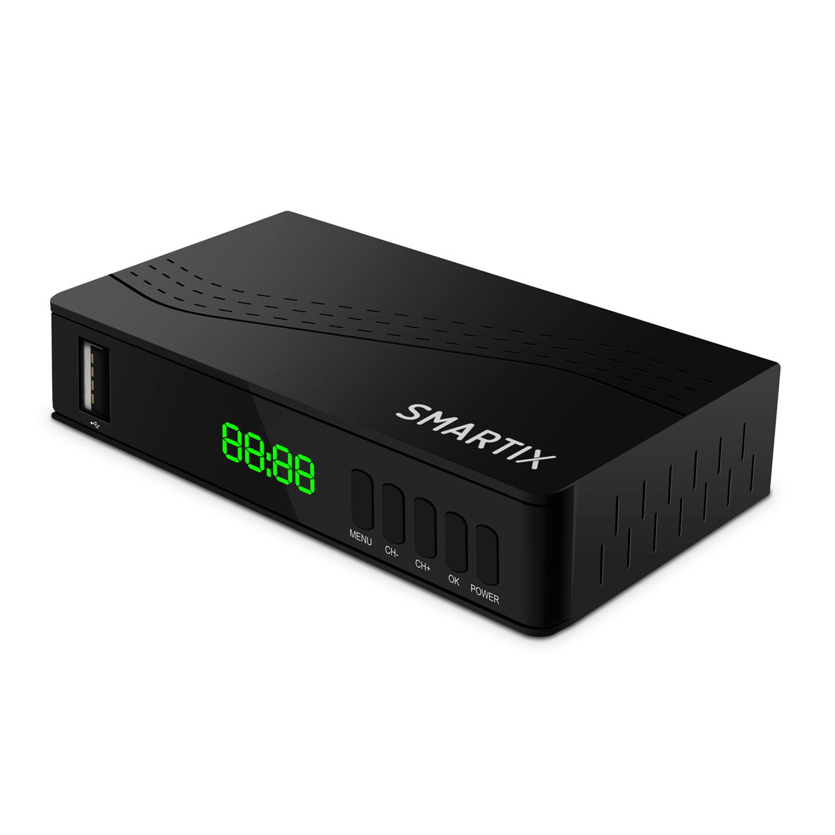 Un ricevitore digitale nero con porta USB e display digitale verde.