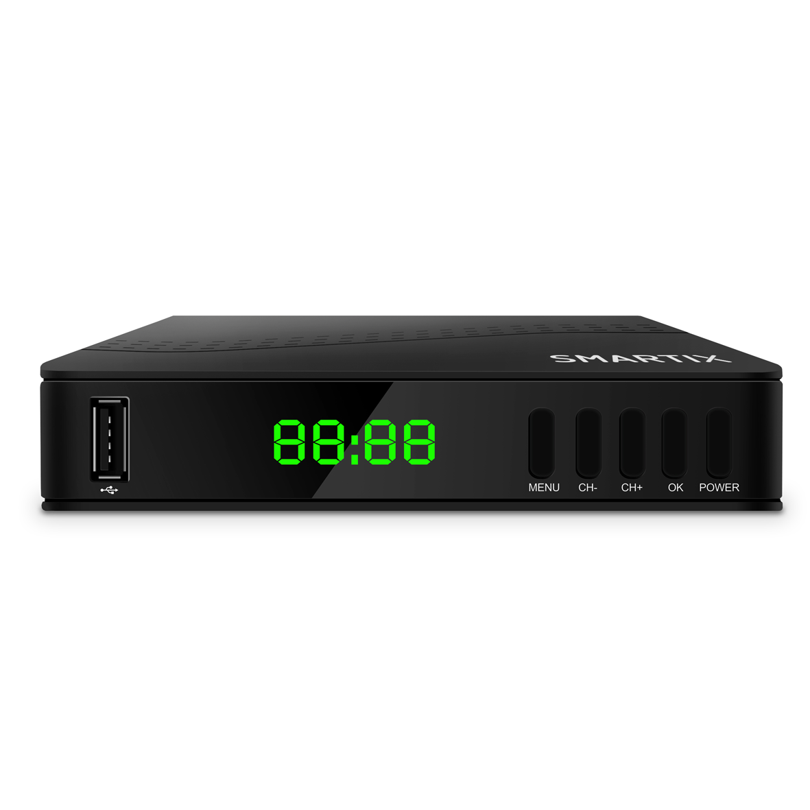 Un decoder nero con porta USB e display digitale verde.