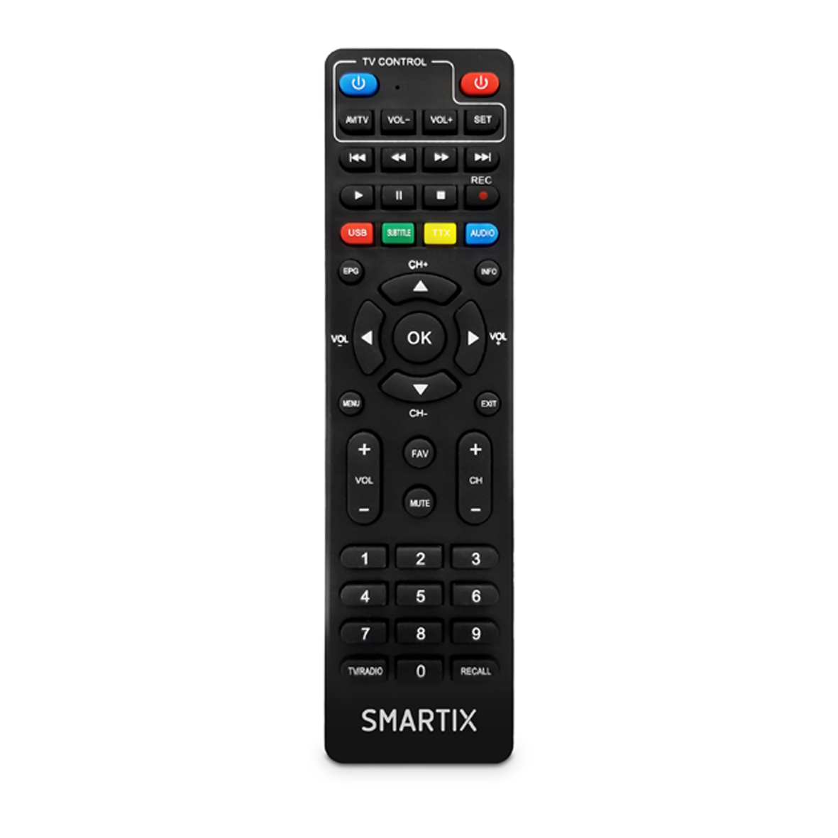 Un telecomando TV nero con molti pulsanti, inclusi numeri e controlli di navigazione.