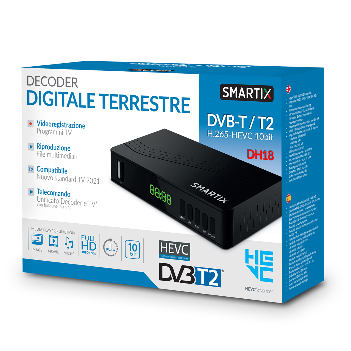 Decoder digitale terrestre Smartix DVB-T/T2 con HEVC 10bit e DH18.