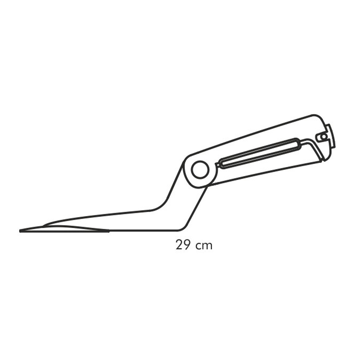 Eine Draufsicht eines Gartengeräts mit 29 cm Längenmarkierung.