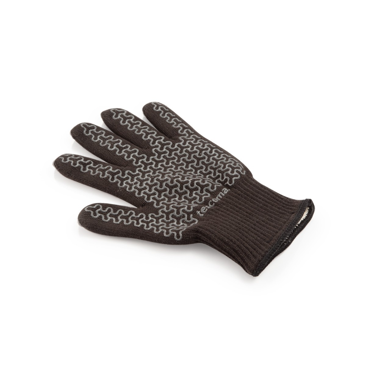 Brauner Strickhandschuh mit grauem Muster auf den Fingern und Handfläche.