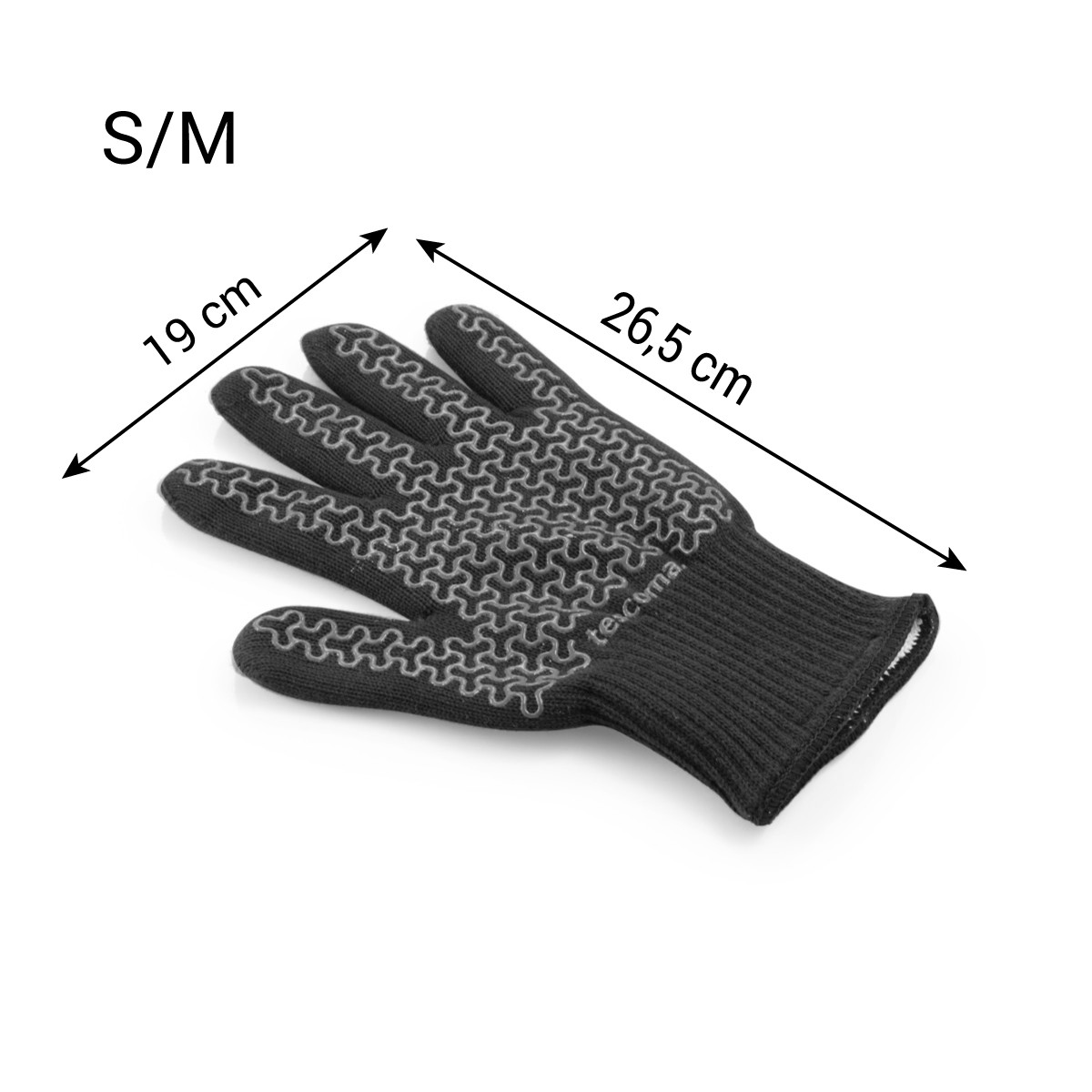 Schwarzer Handschuh S/M mit grauen Rautenmuster-Griffen. Maße 19x26,5cm.