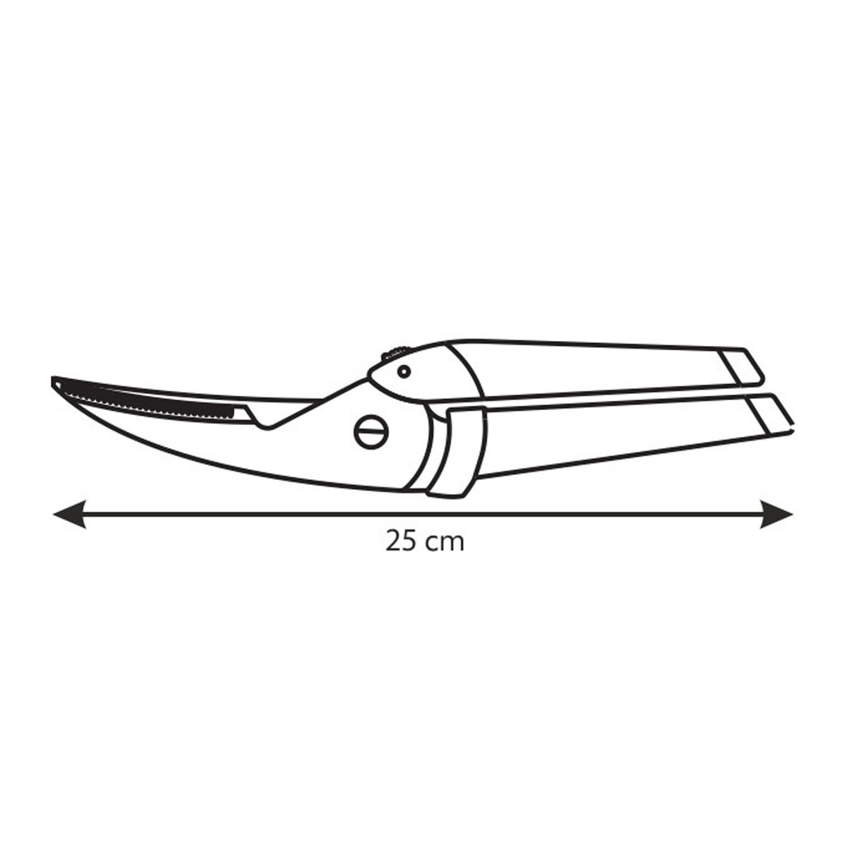 Eine einzelne Gartenschere, 25 cm lang, mit gebogenen Klingen und Griffen.