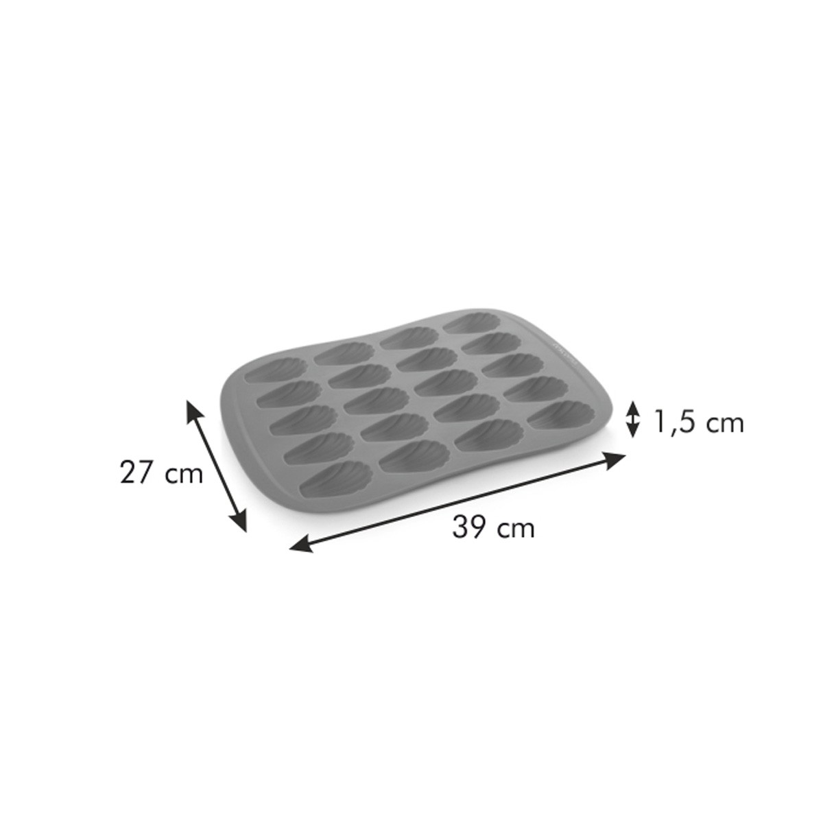 Graue Silikonform für Madeleines, 39x27x1,5 cm.