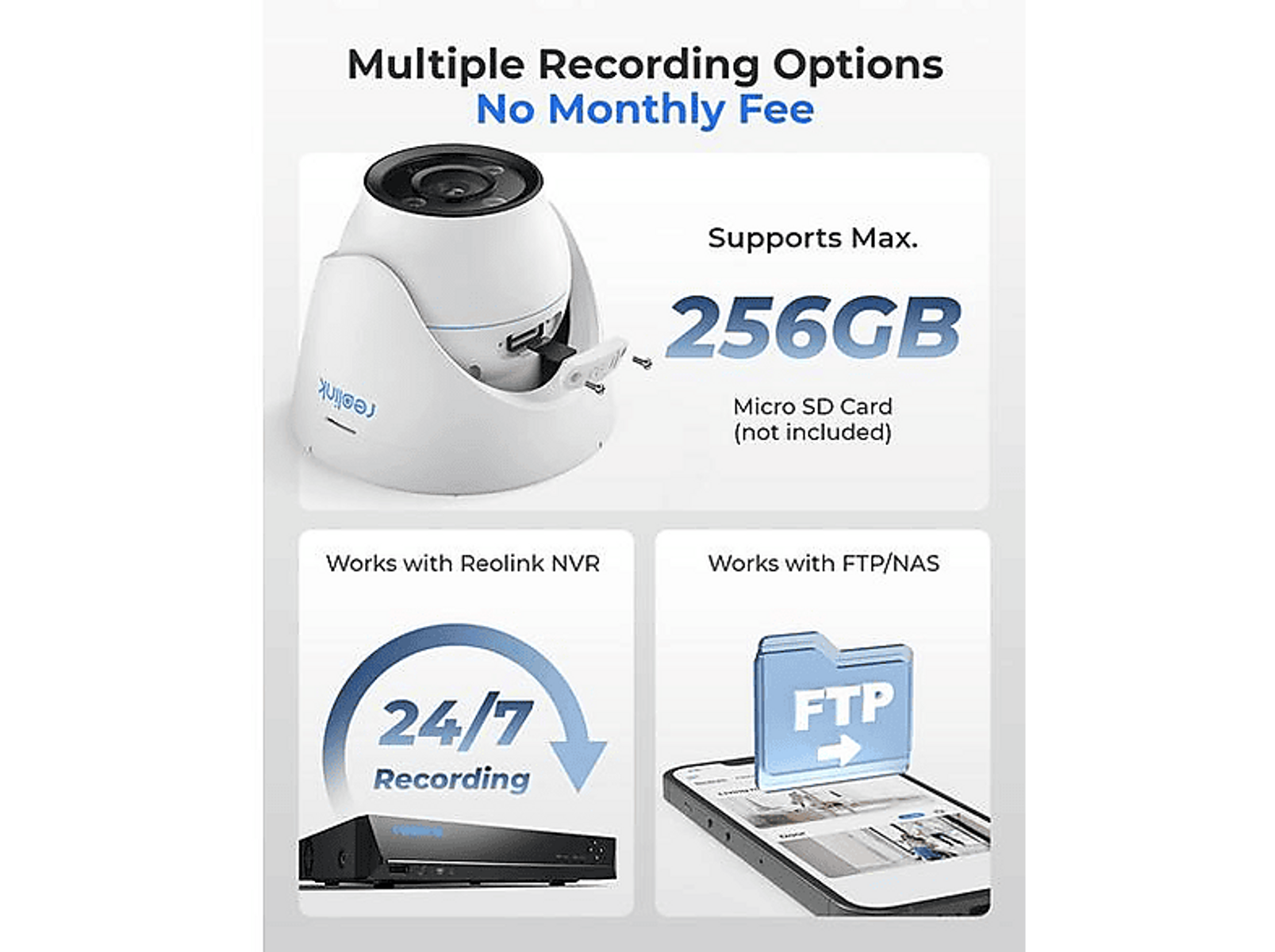 Caméra de sécurité supporte carte SD 256 Go, NVR et FTP.