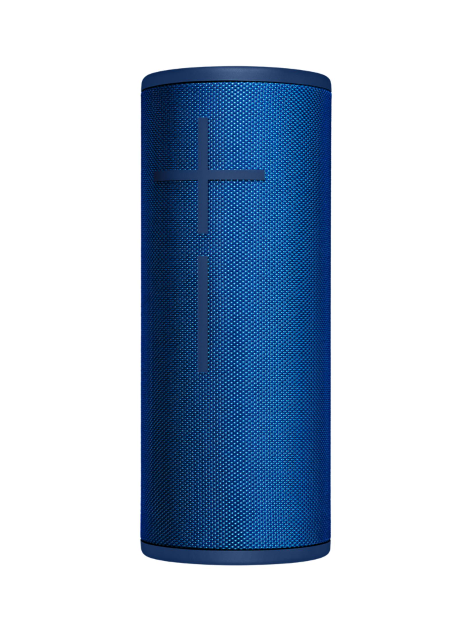 Niebieski głośnik przenośny z ciemnoniebieskimi przyciskami i materiałową maskownicą.