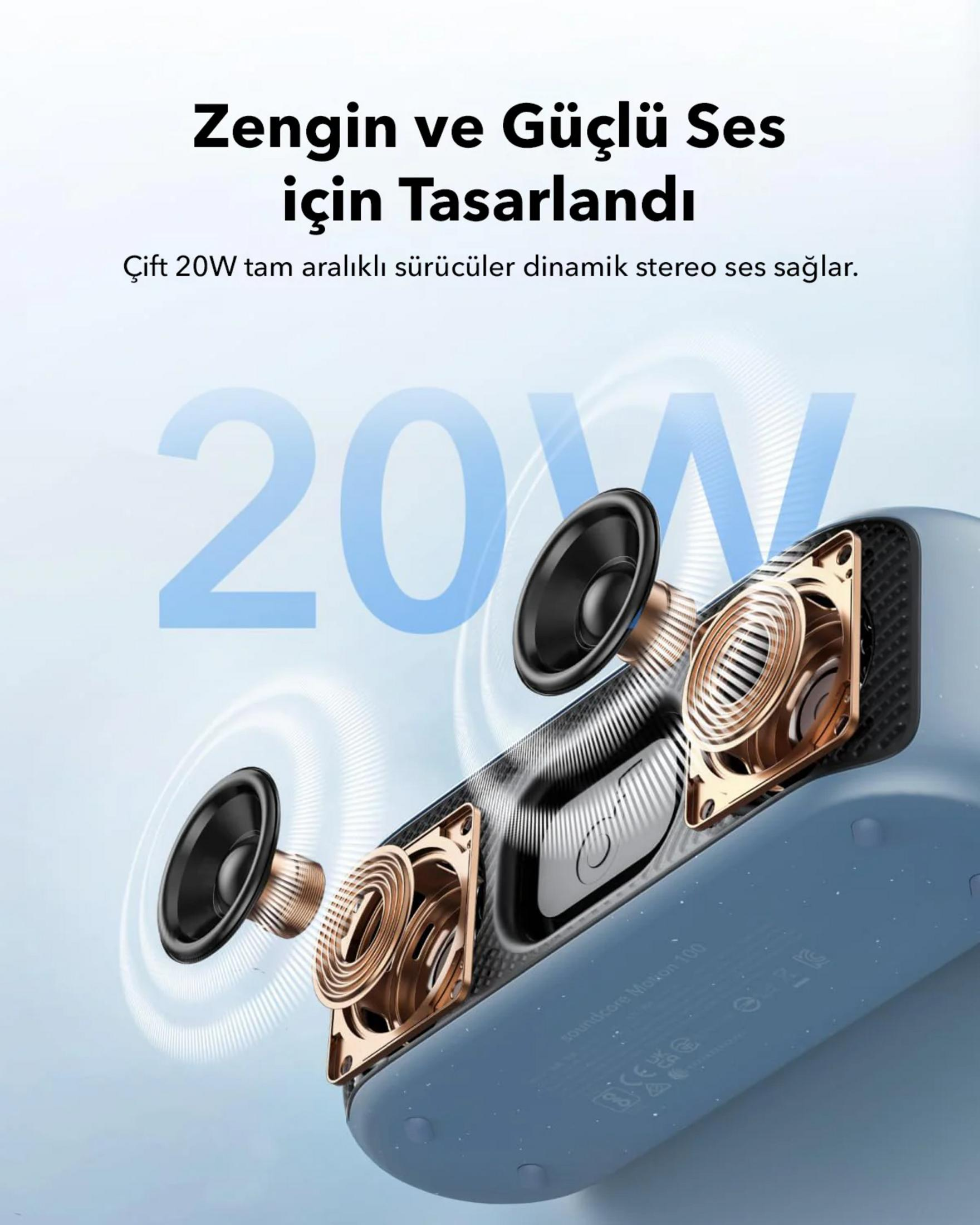 Un alloggiamento dell'altoparlante blu con driver esposti e il numero 20W.