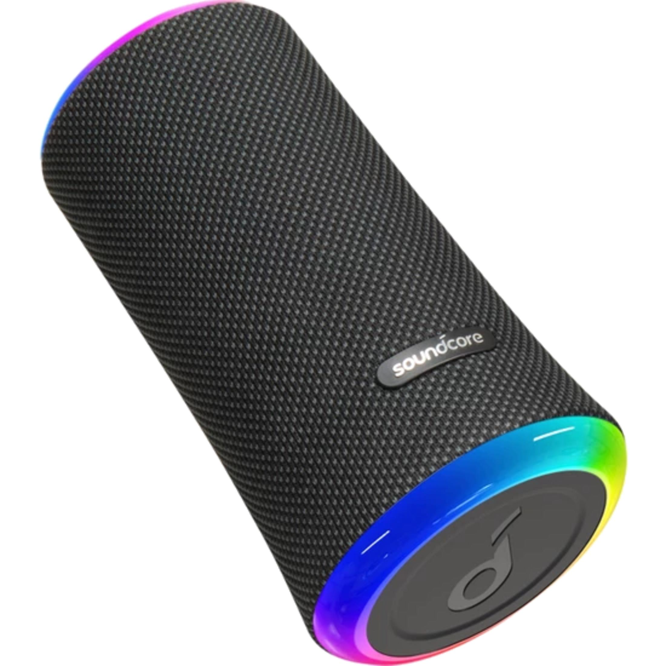 Altoparlante grigio e nero con illuminazione RGB e logo.