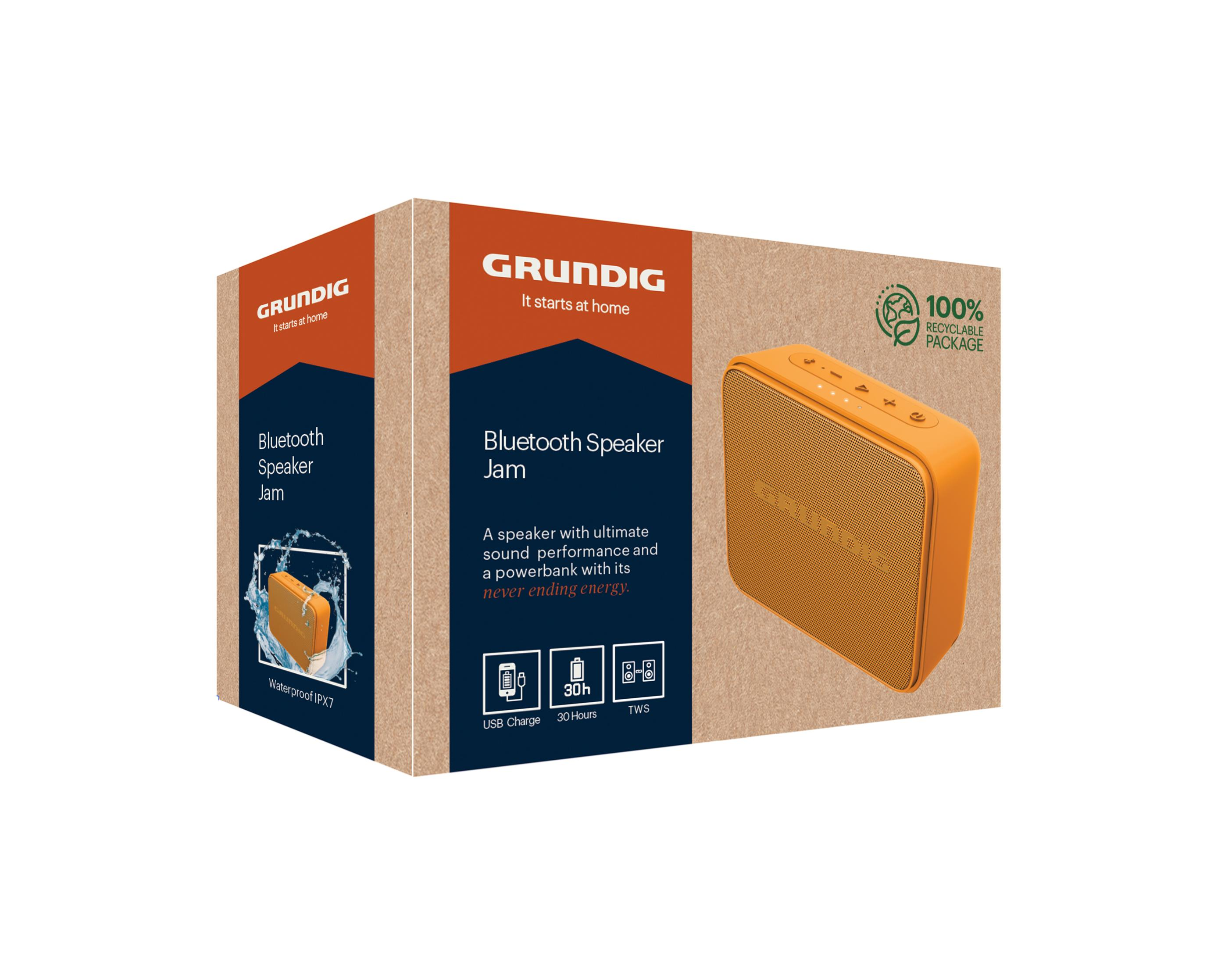 Pomarańczowy głośnik Bluetooth Grundig na opakowaniu z nadrukiem 100% z recyklingu.