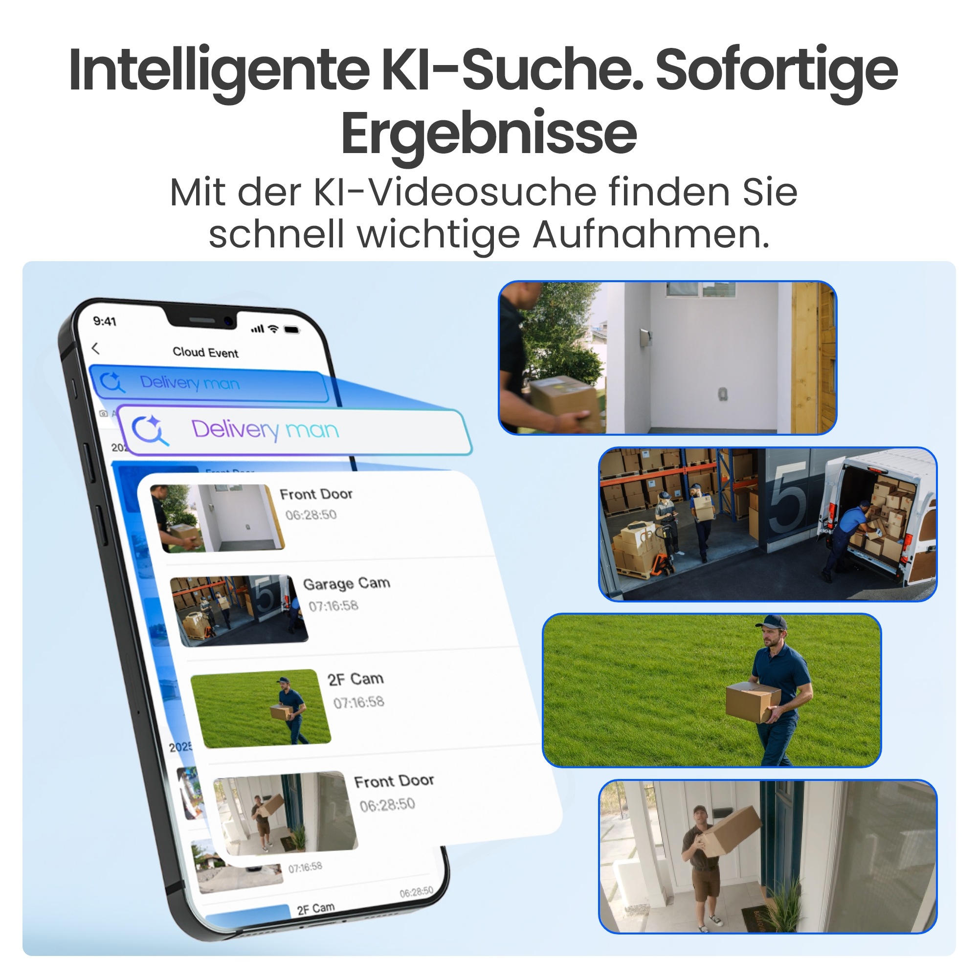 App zeigt Liefermann-Videosuche. Kleine Bilder zeigen Lieferungen.