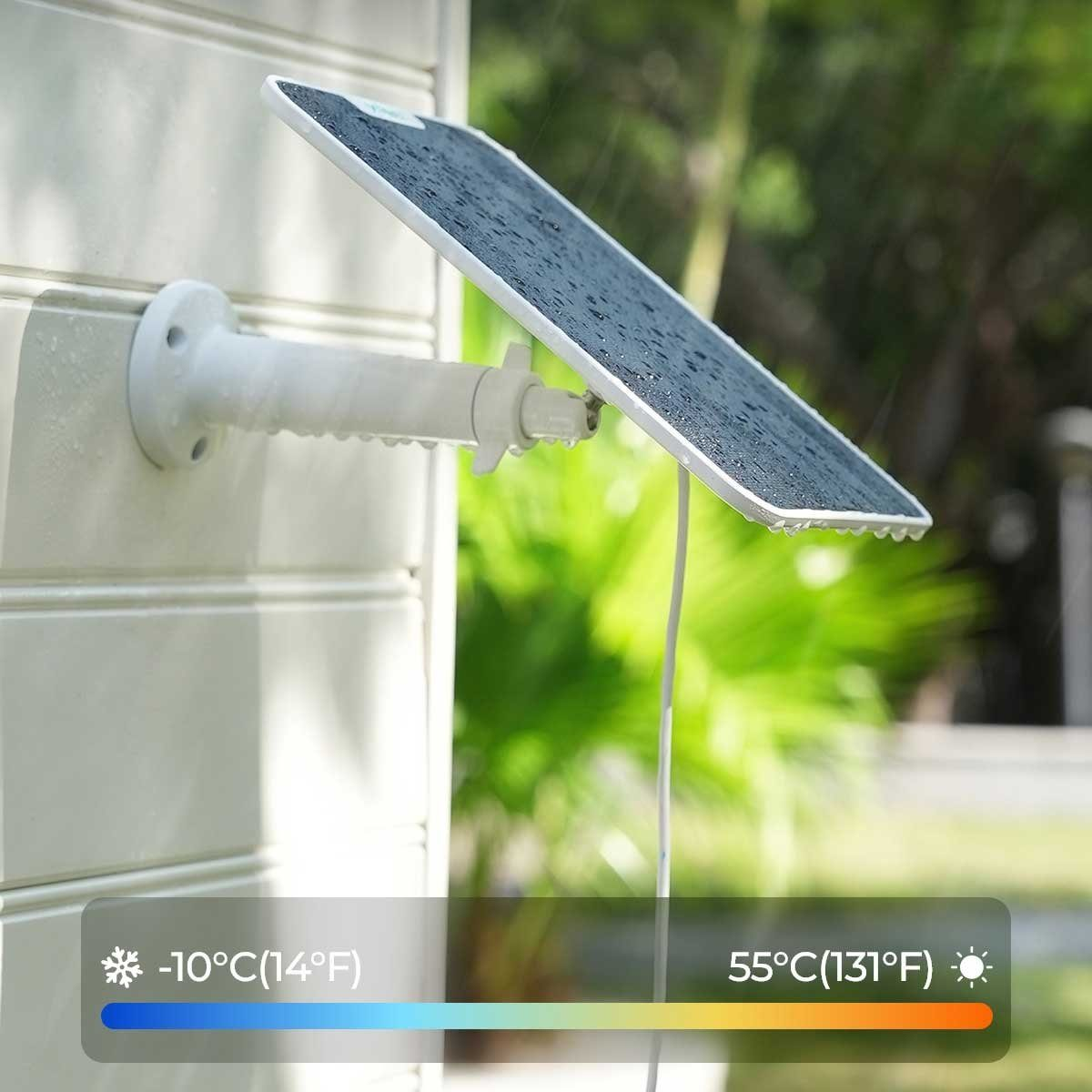 Panel słoneczny z uchwytem na ścianie, pada deszcz, skala temperatur od -10°C do 55°C.