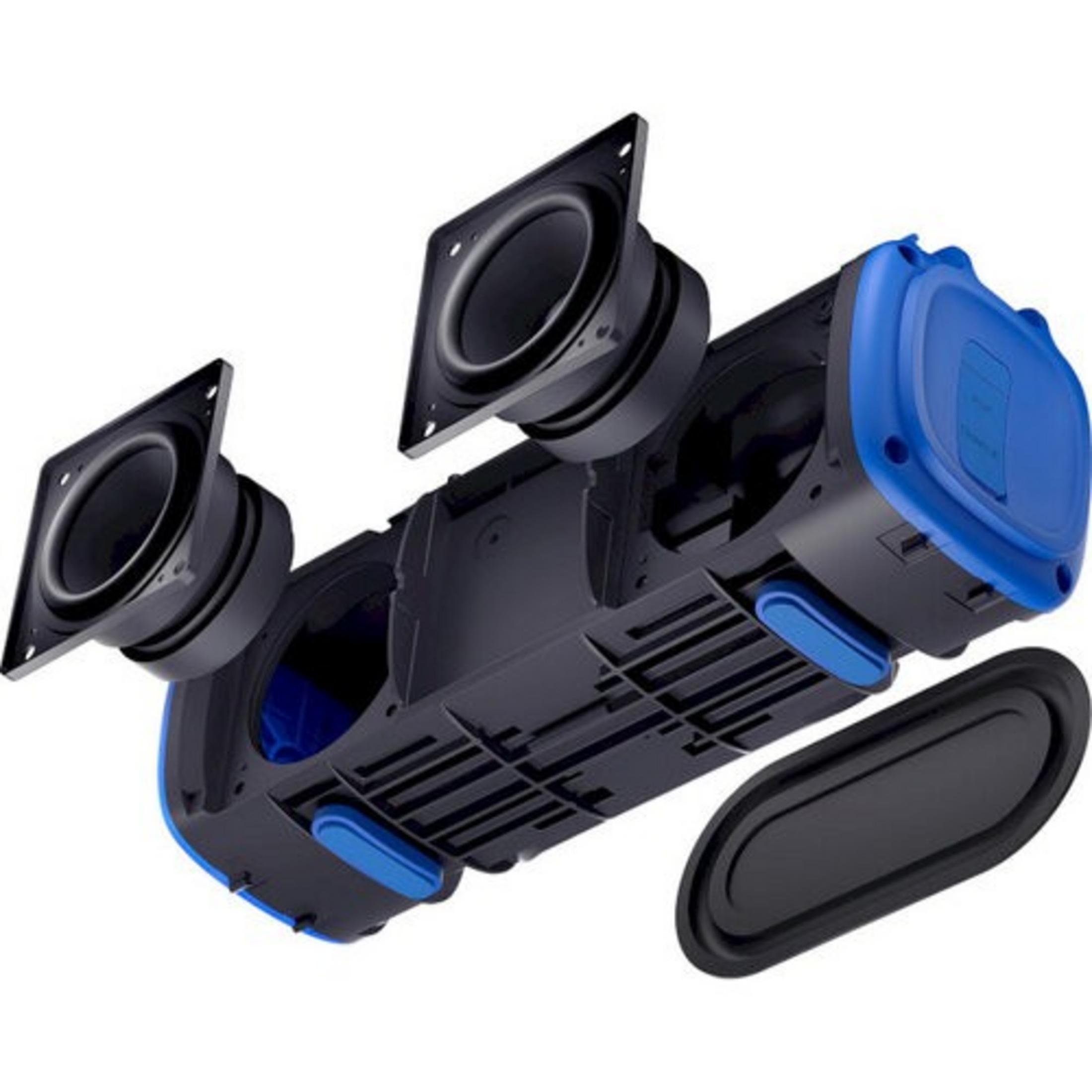 Rozłożony niebiesko-czarny głośnik z widocznymi przetwornikami i elementami wewnętrznymi.