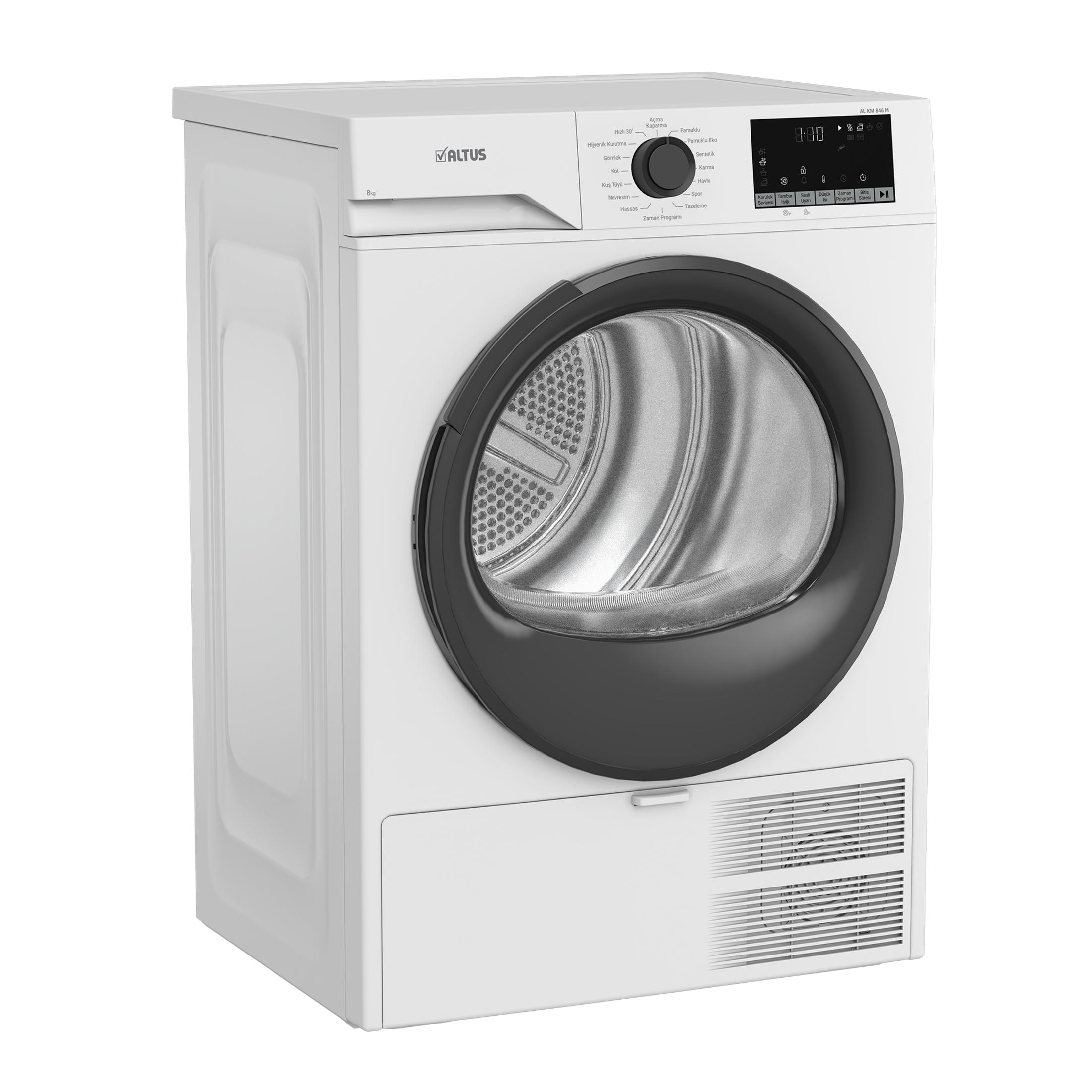 Siyah kapılı ve kontrol panelli beyaz çamaşır kurutma makinesi ön görünümü.