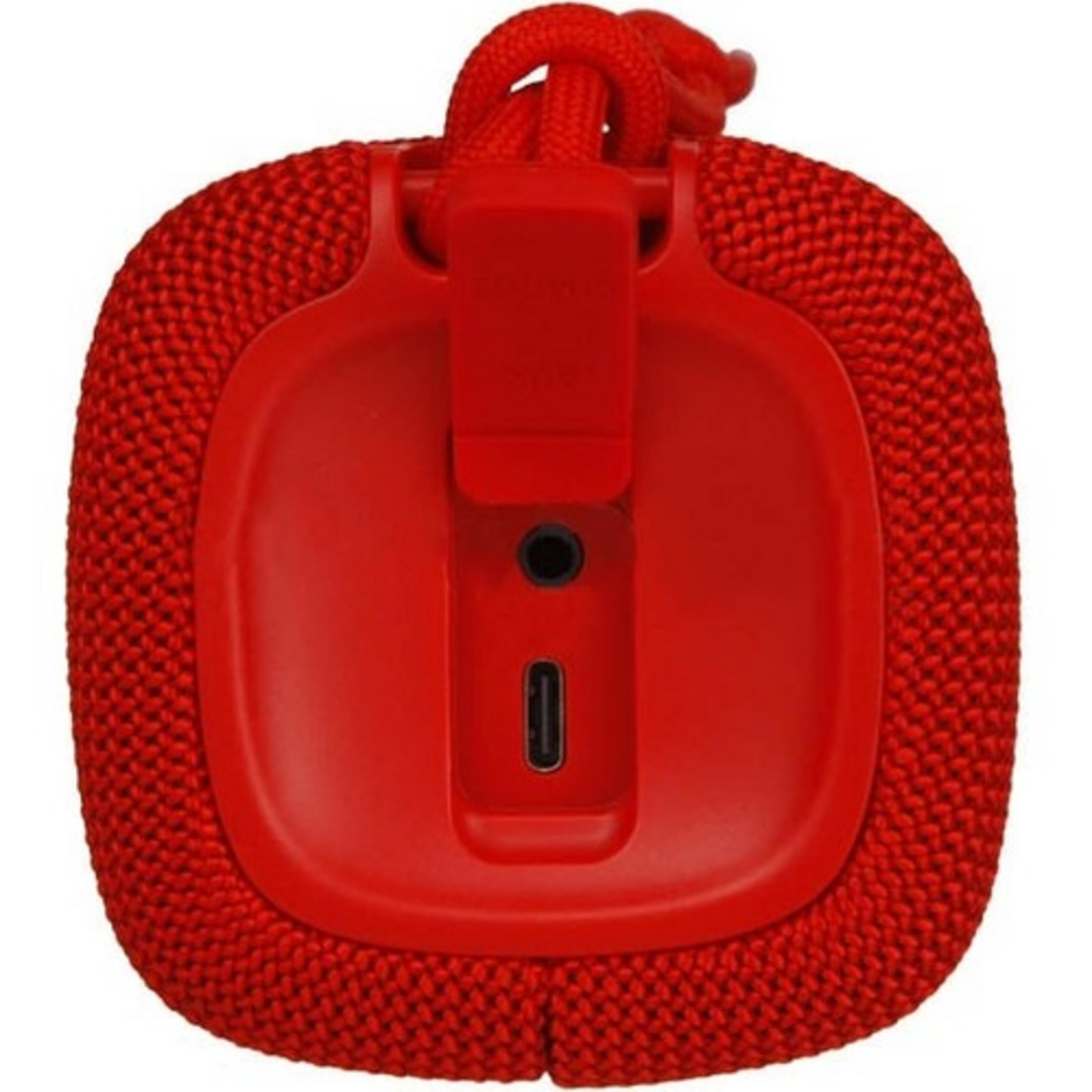 Roter Bluetooth-Lautsprecher mit Ladeanschluss und Schlaufe.