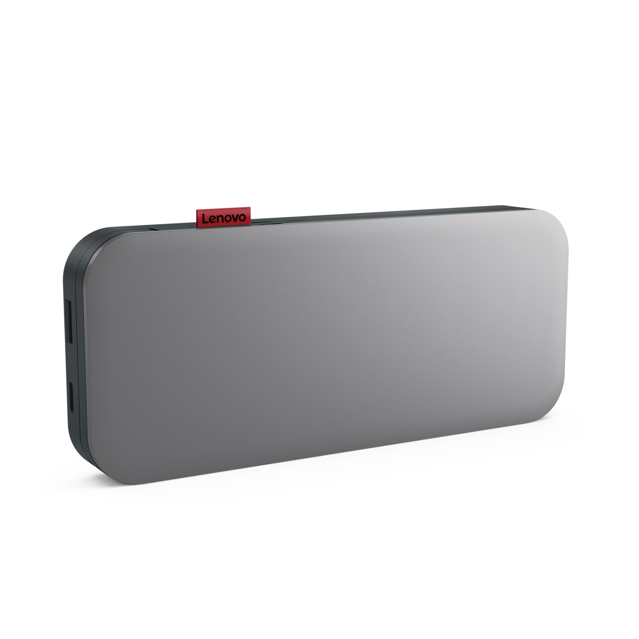 Appareil Lenovo gris avec logo rouge sur fond blanc.