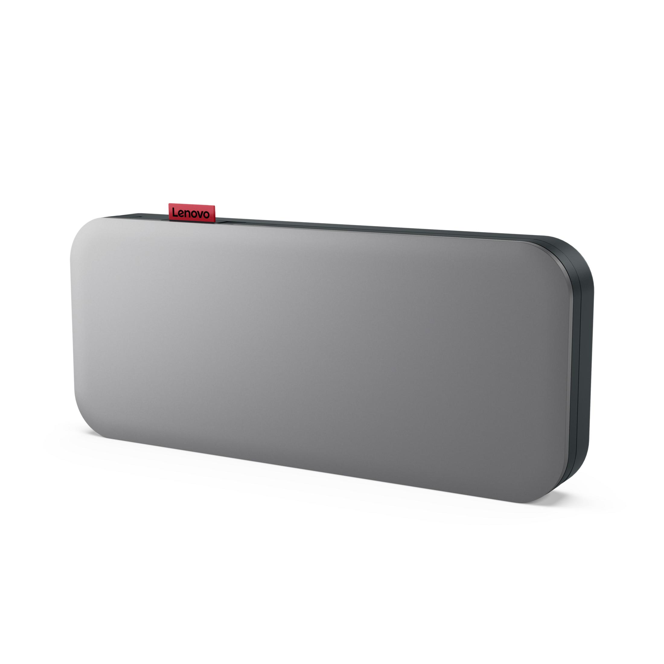Appareil rectangulaire gris Lenovo avec logo rouge.