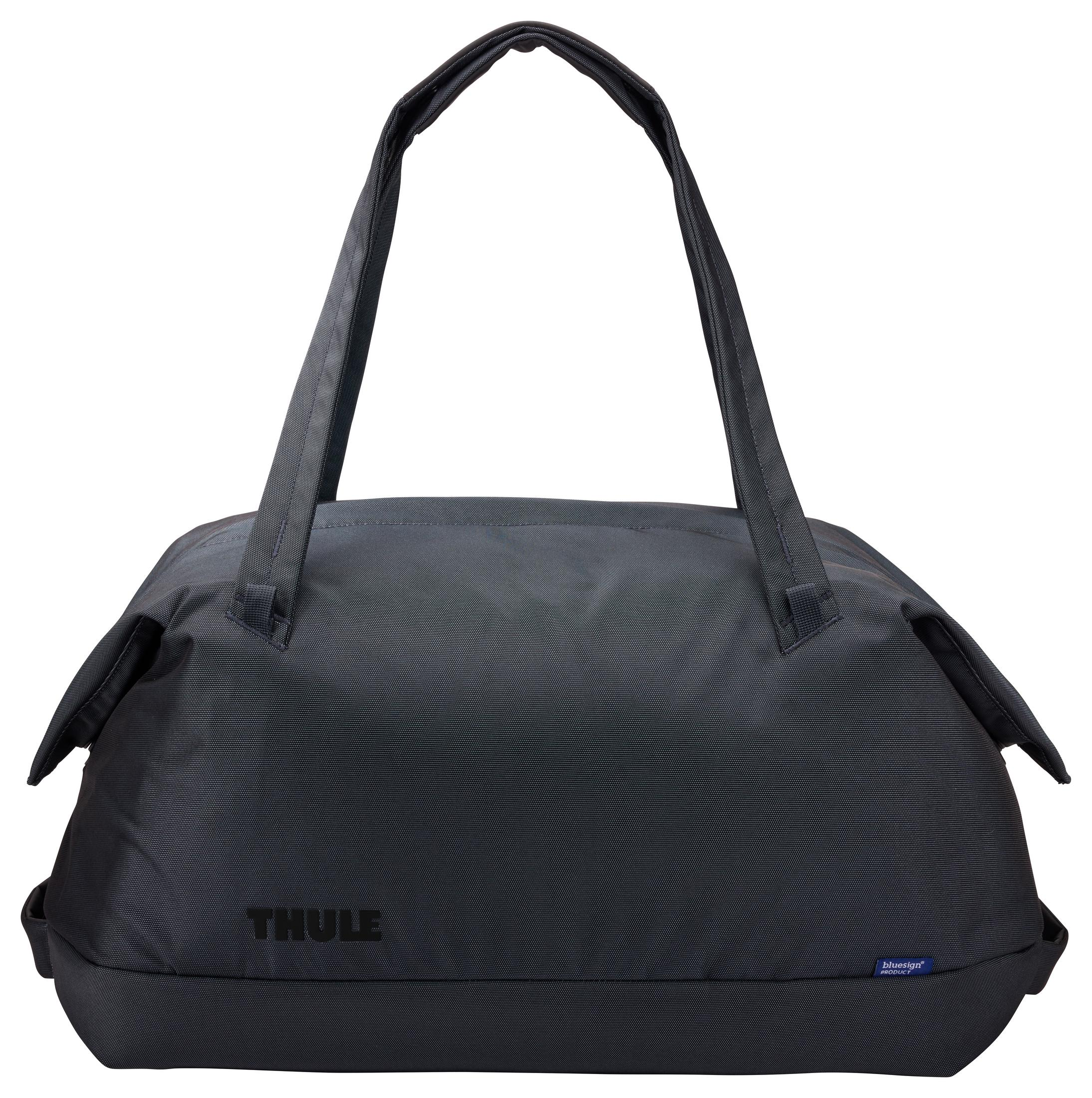 Eine dunkelgraue Thule-Tasche mit Tragegriffen und einem Bluesign-Produkt-Label.