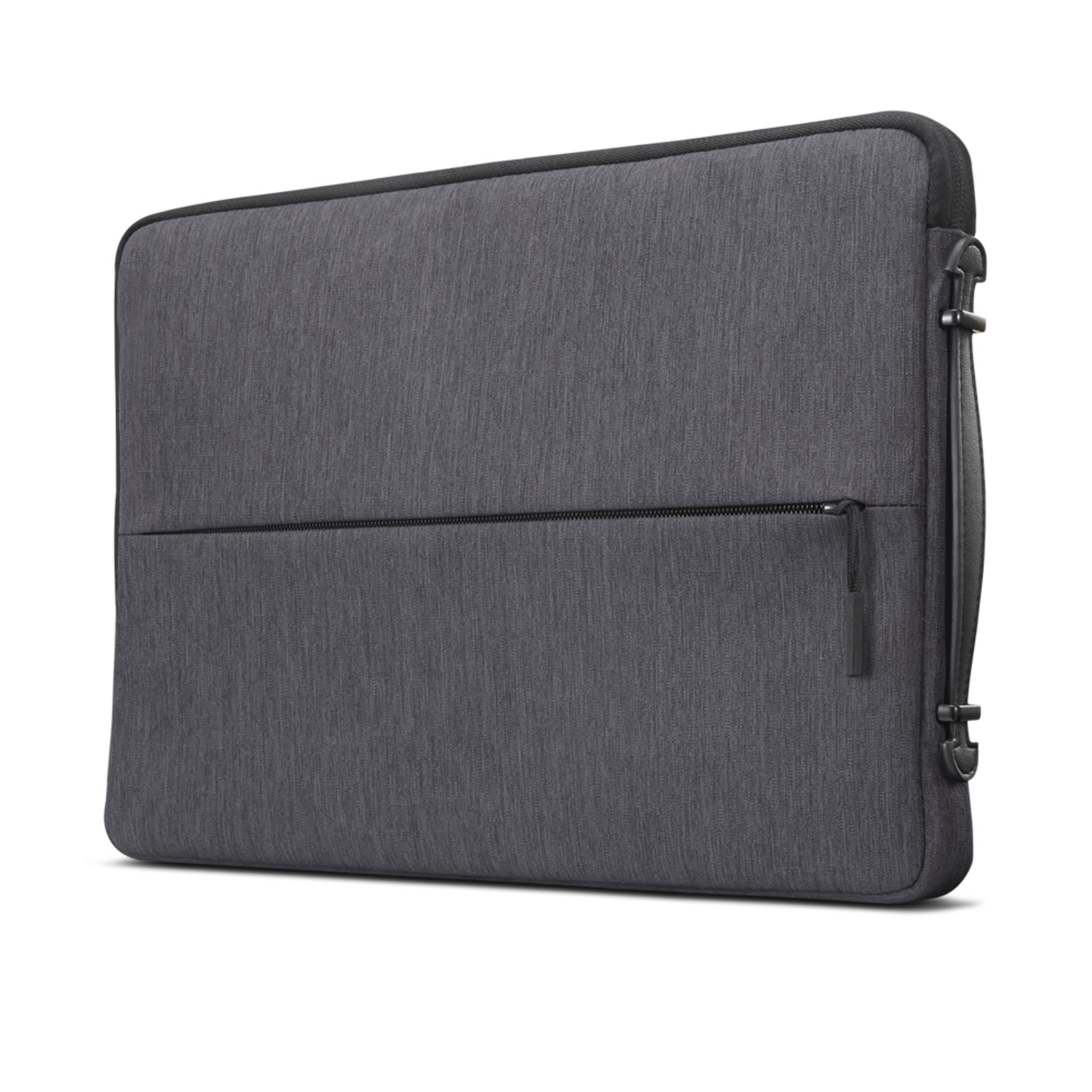 Graue Laptoptasche mit schwarzem Reißverschluss und Griff.