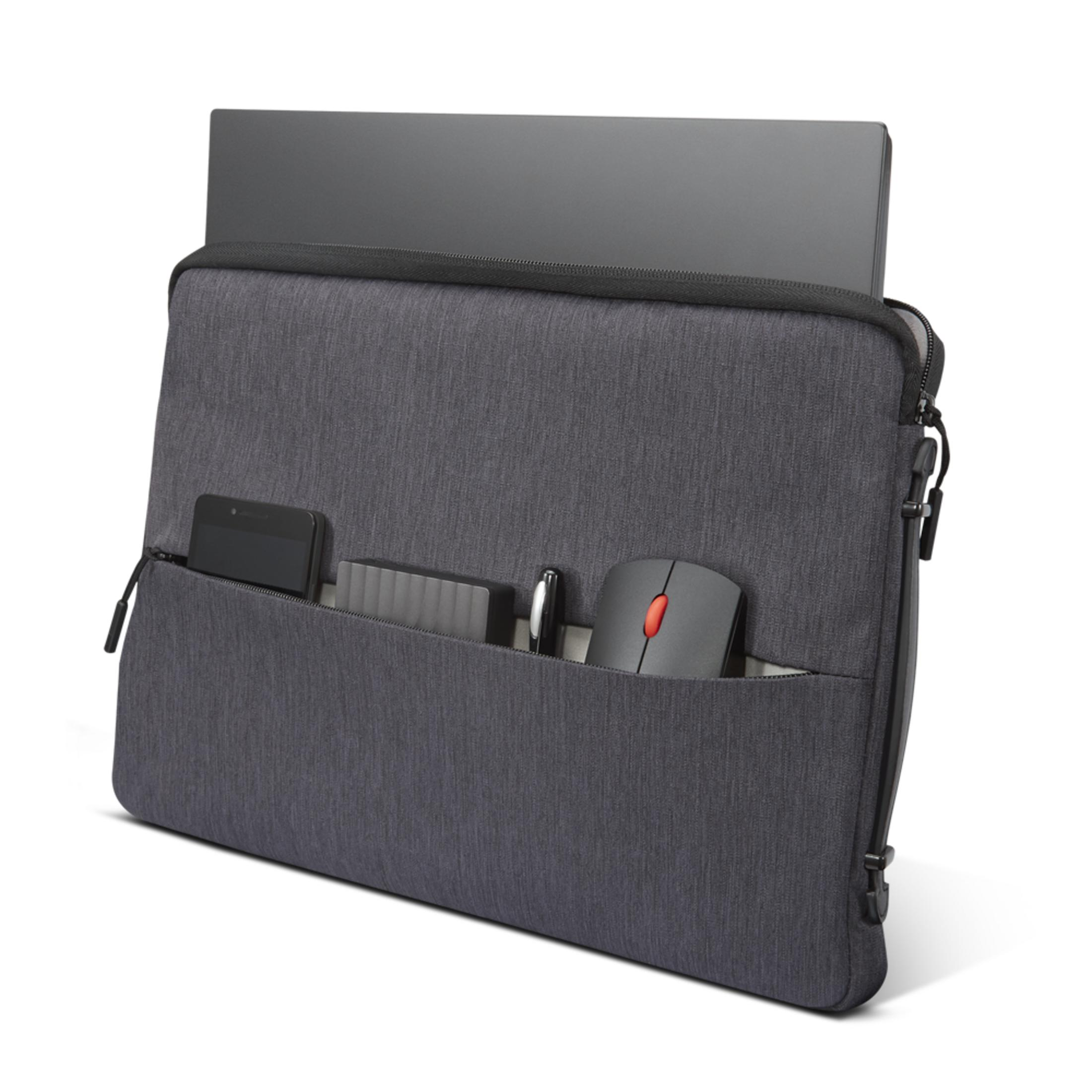Graue Laptoptasche mit Laptop, Handy, Maus, Stift und Festplatte.