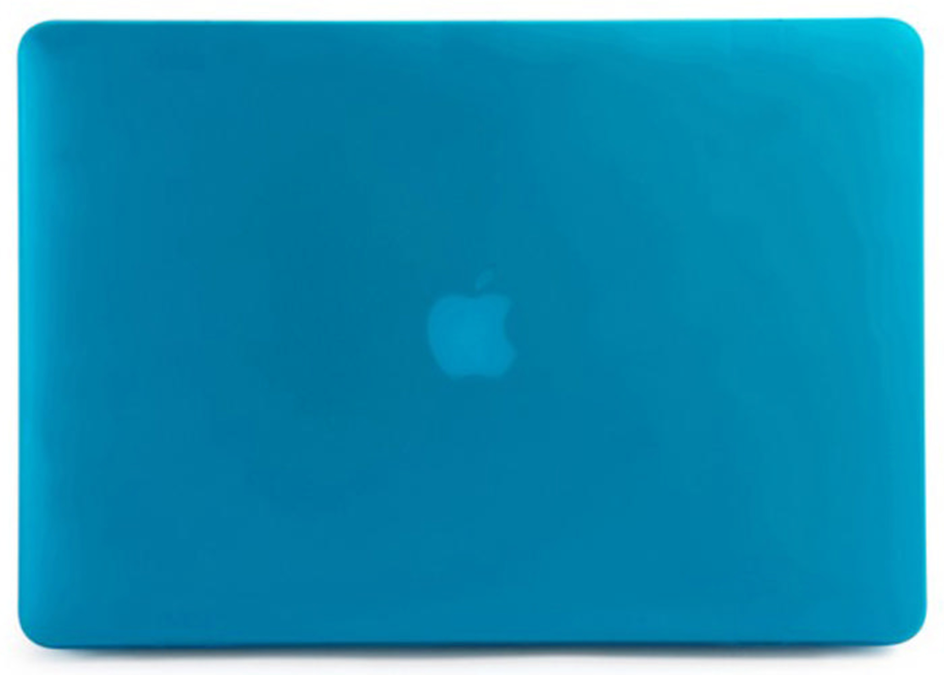 Ein blauer Laptopdeckel mit einem Apple-Logo in der Mitte.