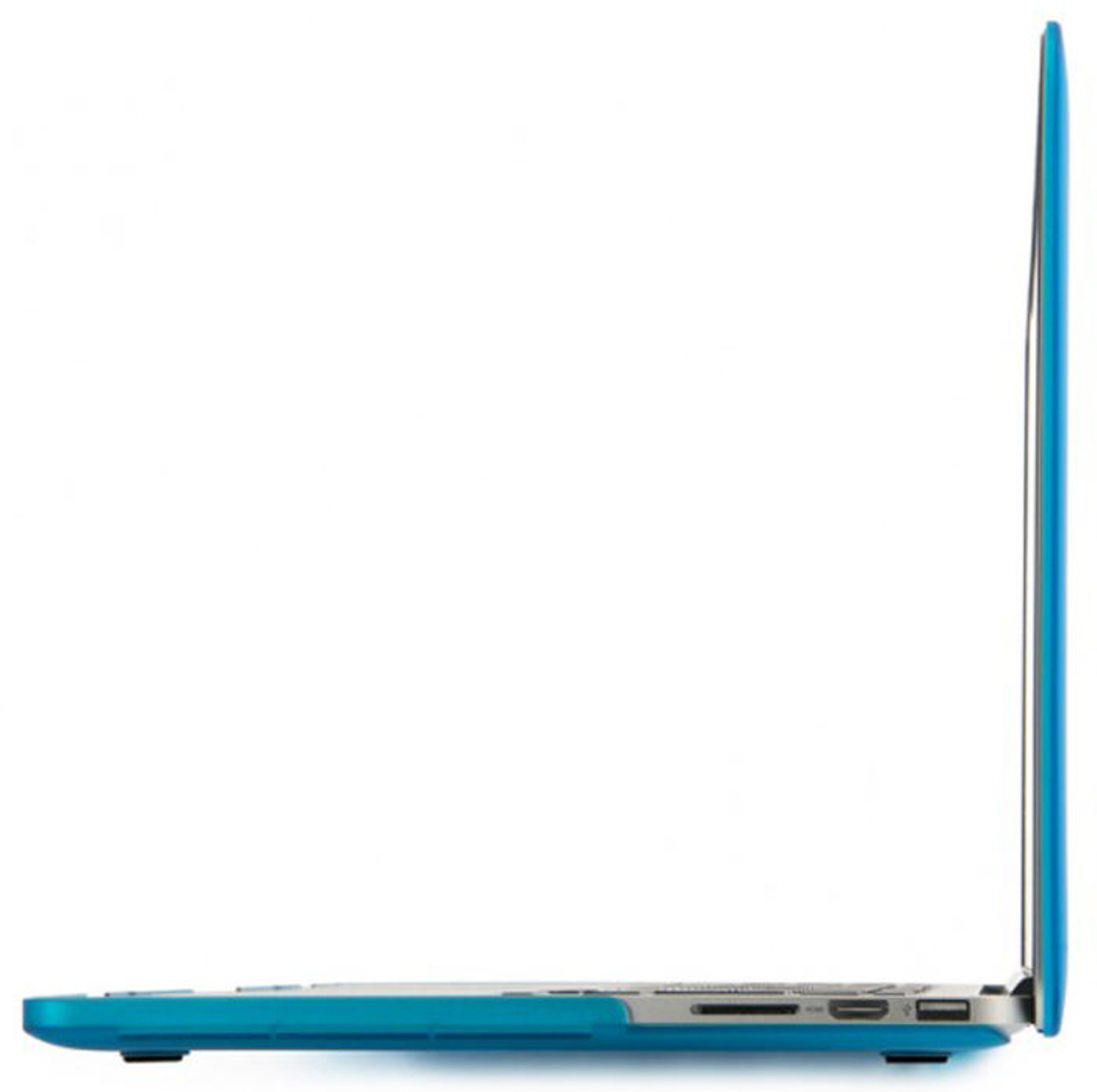 Ein blauer Laptop im Seitenprofil, mit geöffnetem Bildschirm.