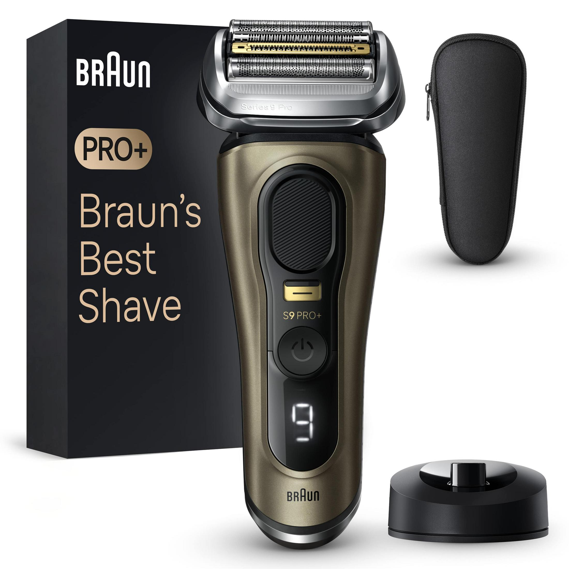 Braun Series 9 Pro elektrikli tıraş makinesi, şarj/temizleme istasyonu, kılıfı ve kutusu.