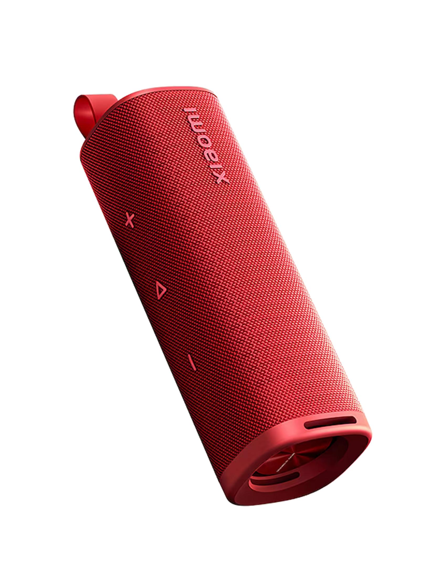 Czerwony głośnik Xiaomi z materiałowym pokrowcem i przyciskami.