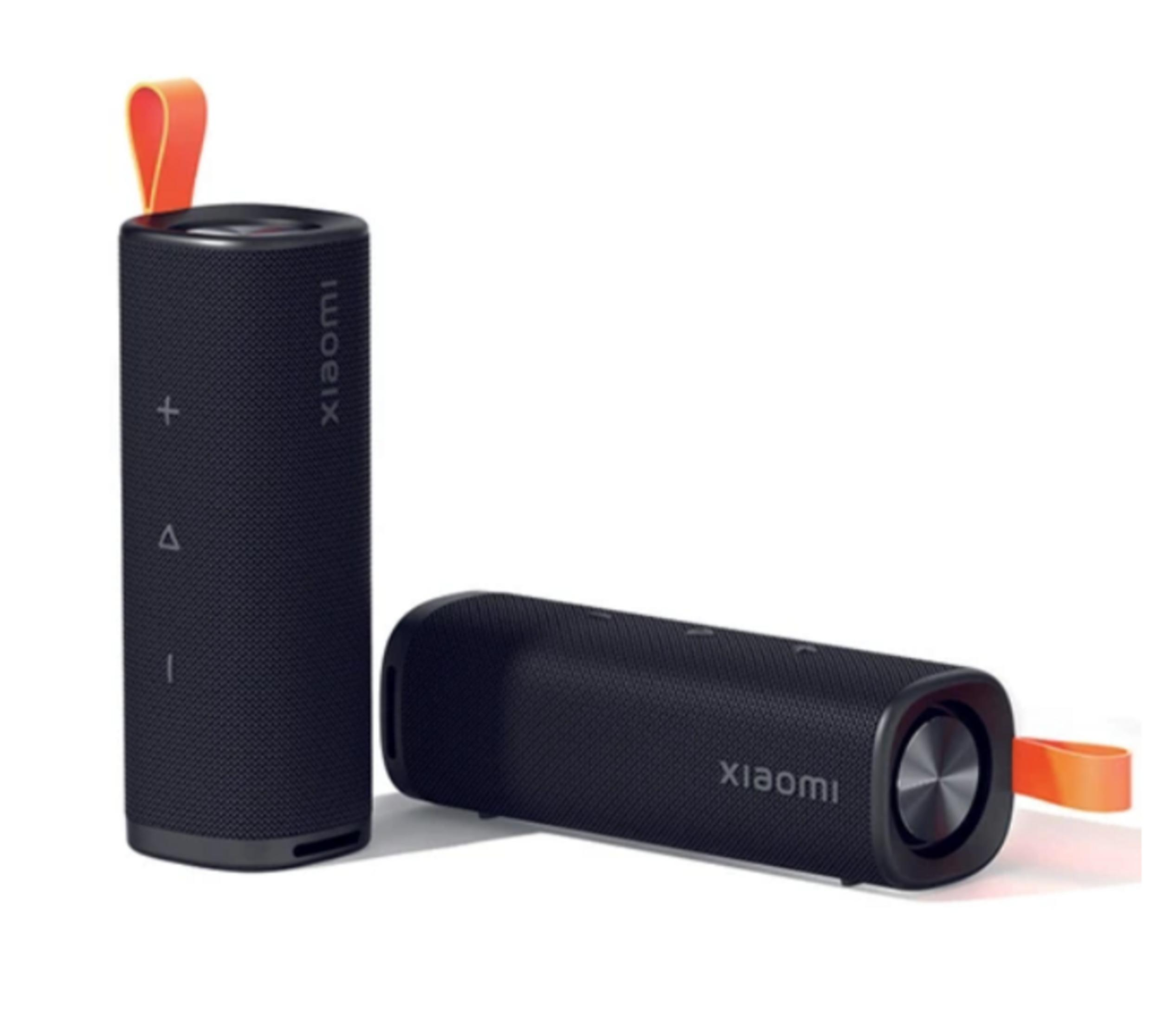 Dwa czarne cylindryczne głośniki Xiaomi z pomarańczowymi pętelkami.