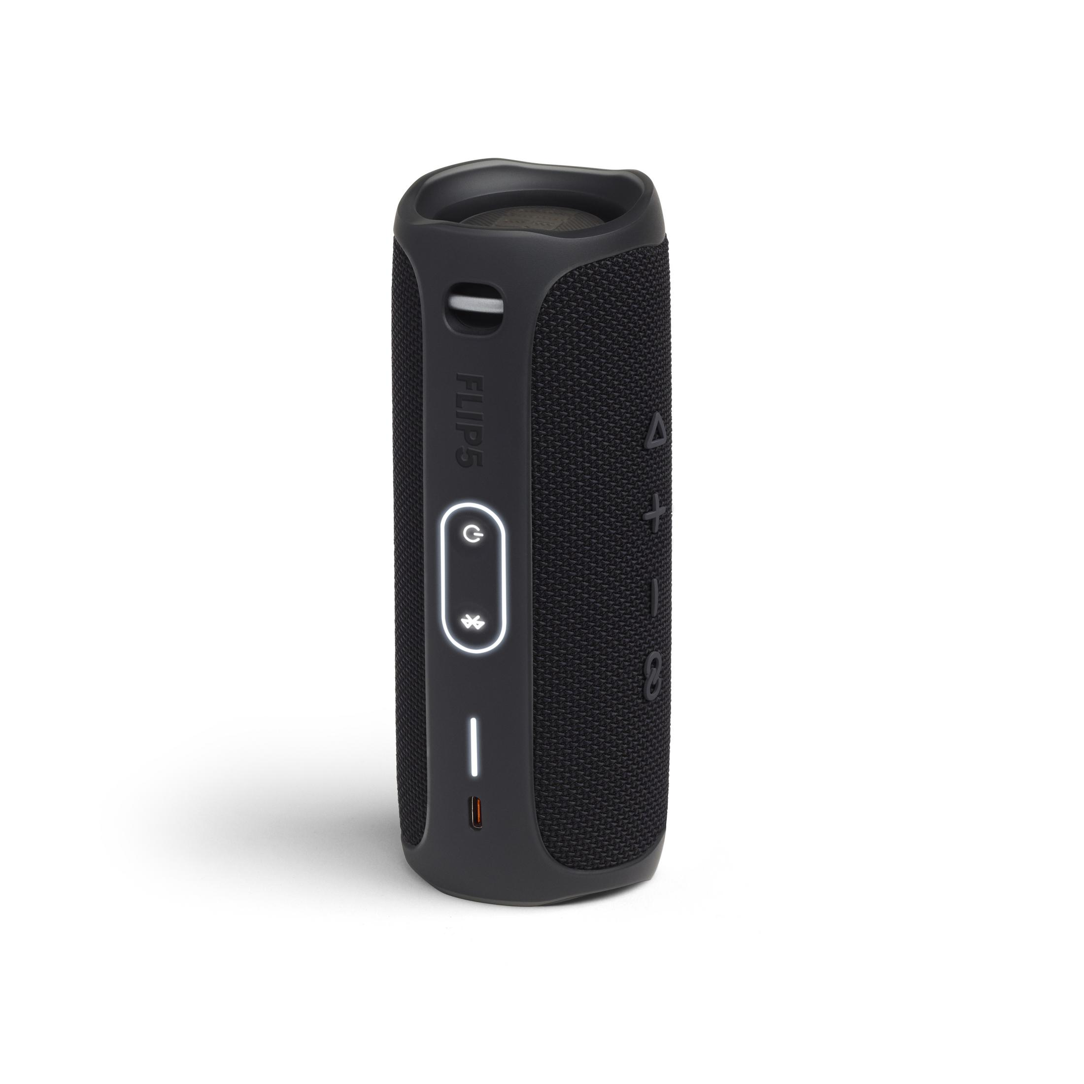 Altoparlante JBL Flip 5 nero con controlli e logo.