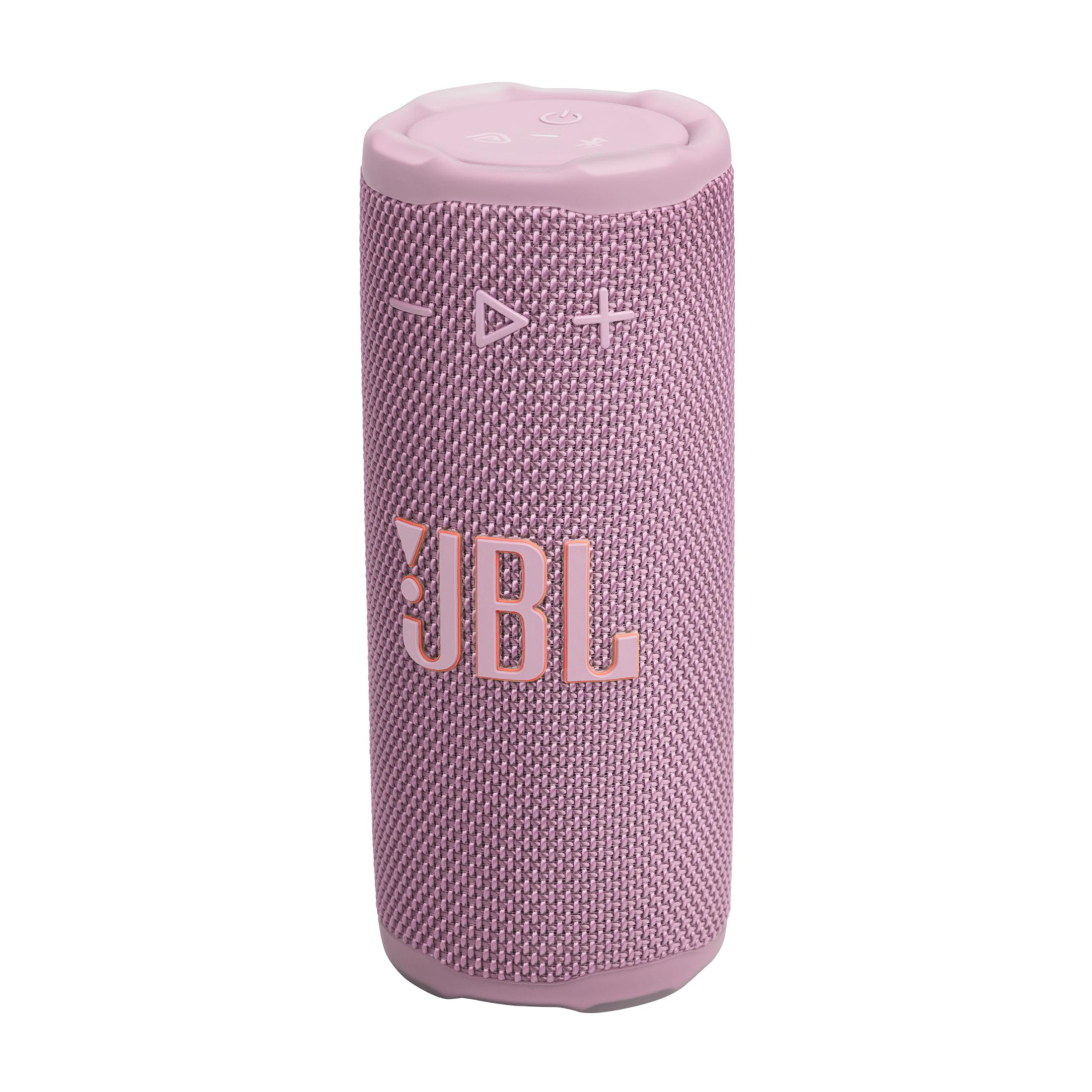 Un altoparlante Bluetooth JBL rosa su sfondo bianco.