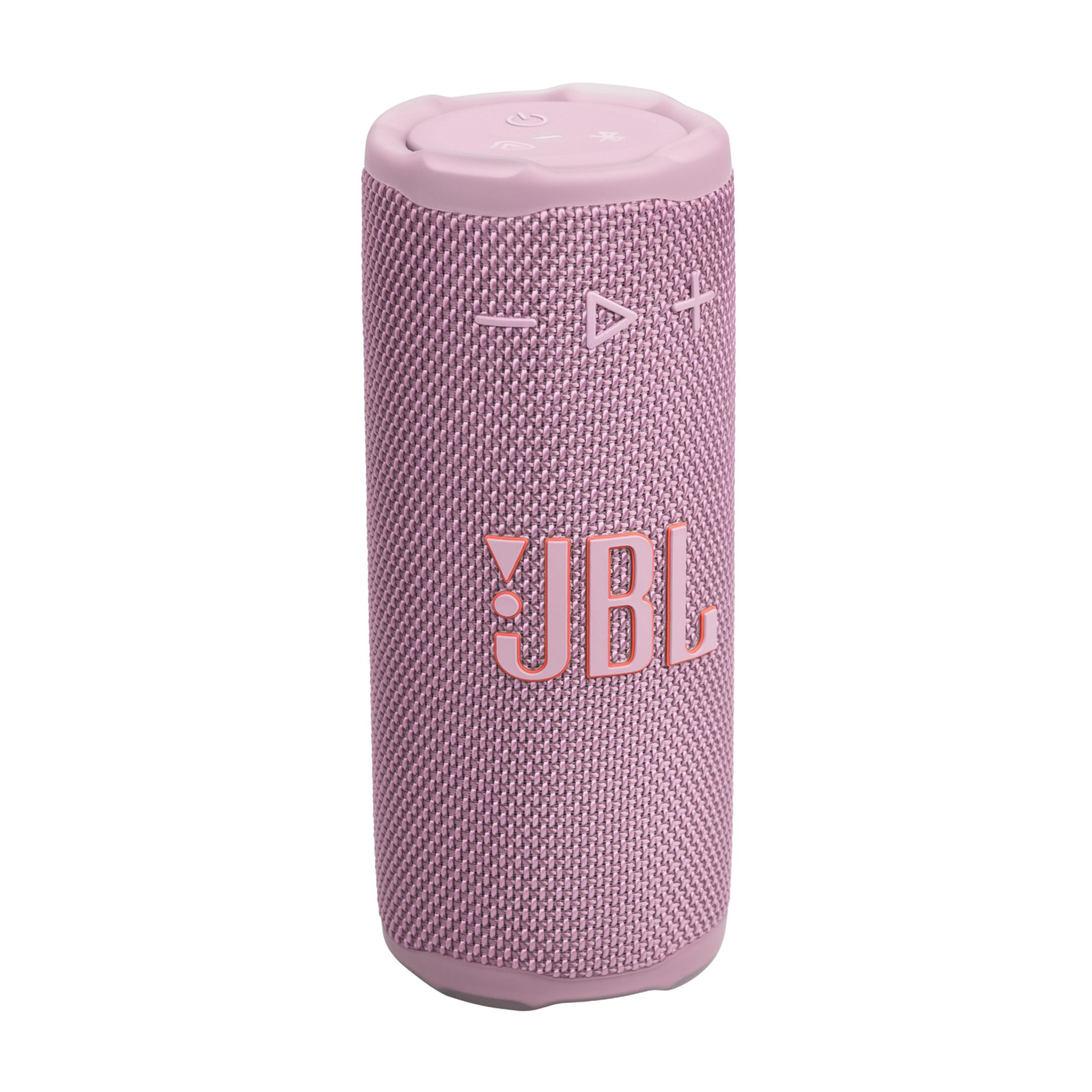 Un altoparlante JBL rosa è mostrato su sfondo bianco.