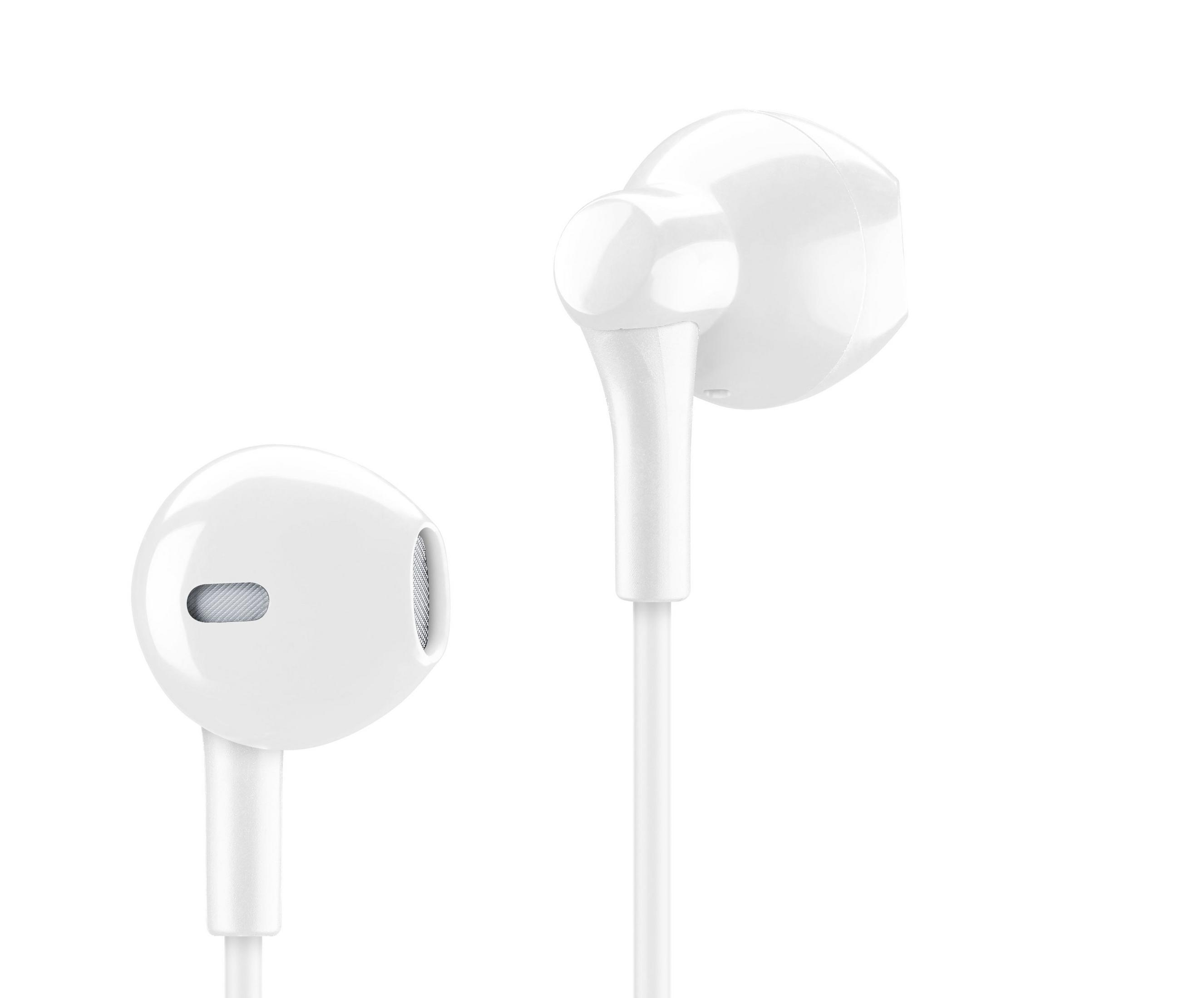 Zwei weiße In-Ear-Kopfhörer mit Kabel auf weißem Hintergrund.