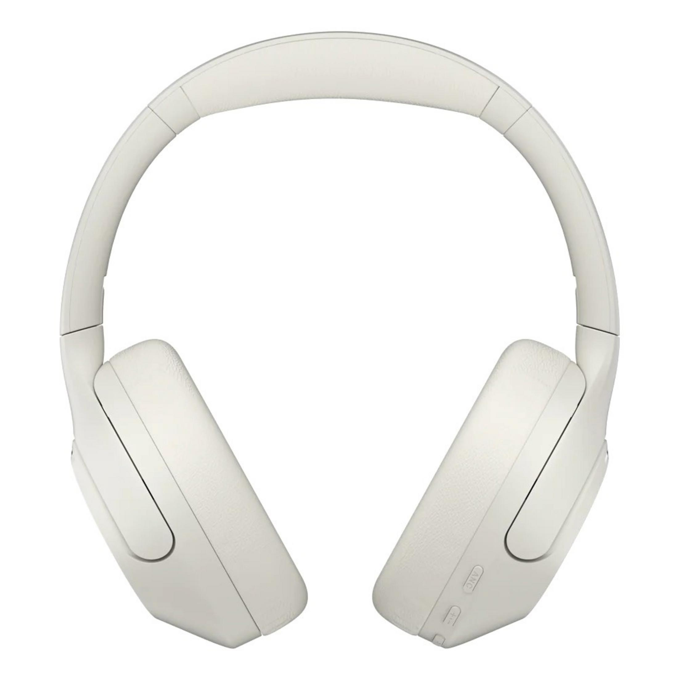 Cuffie bianche circumaurali con archetto e padiglioni su sfondo bianco.
