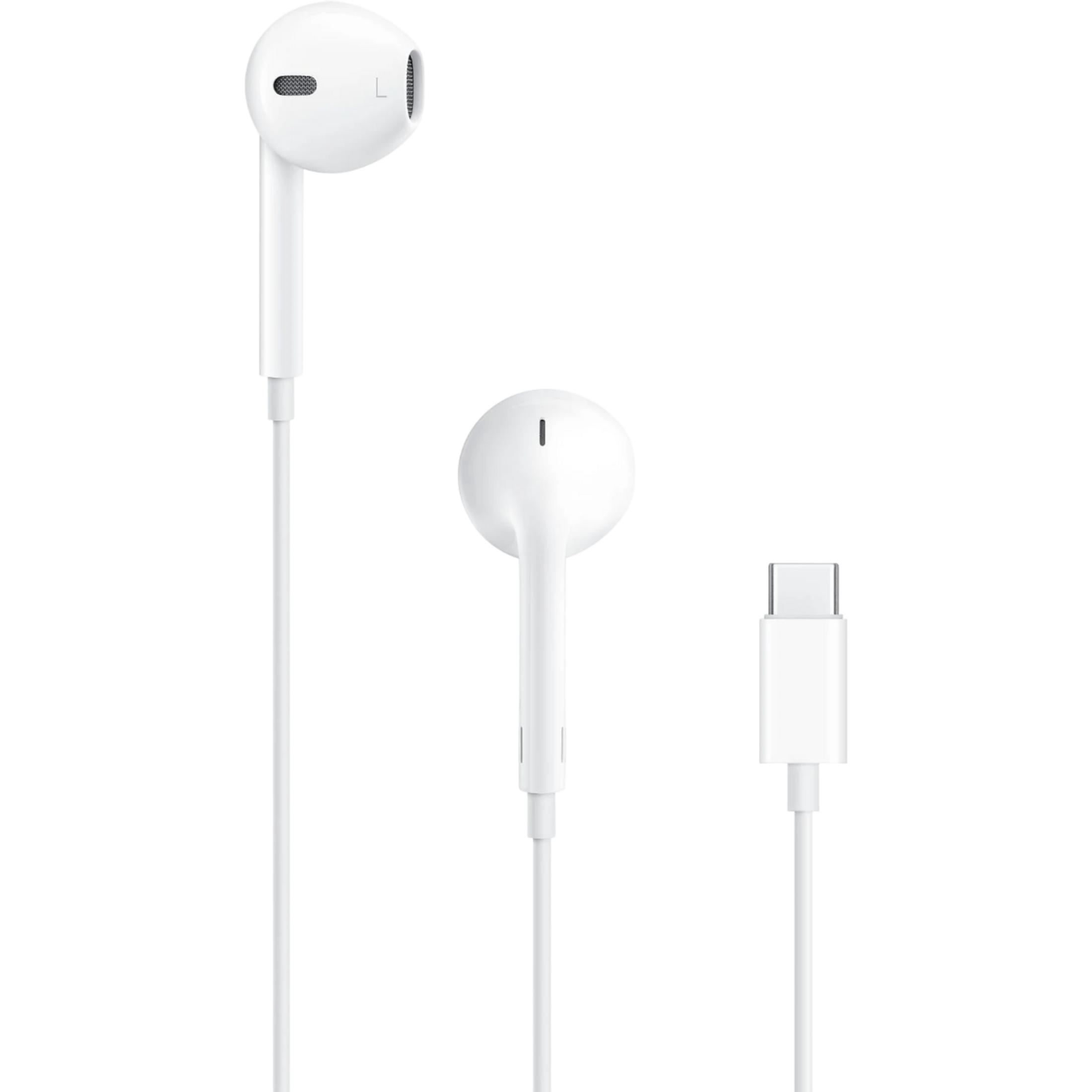 Beyaz arka plan üzerinde USB-C konektörlü beyaz kulaklıklar.