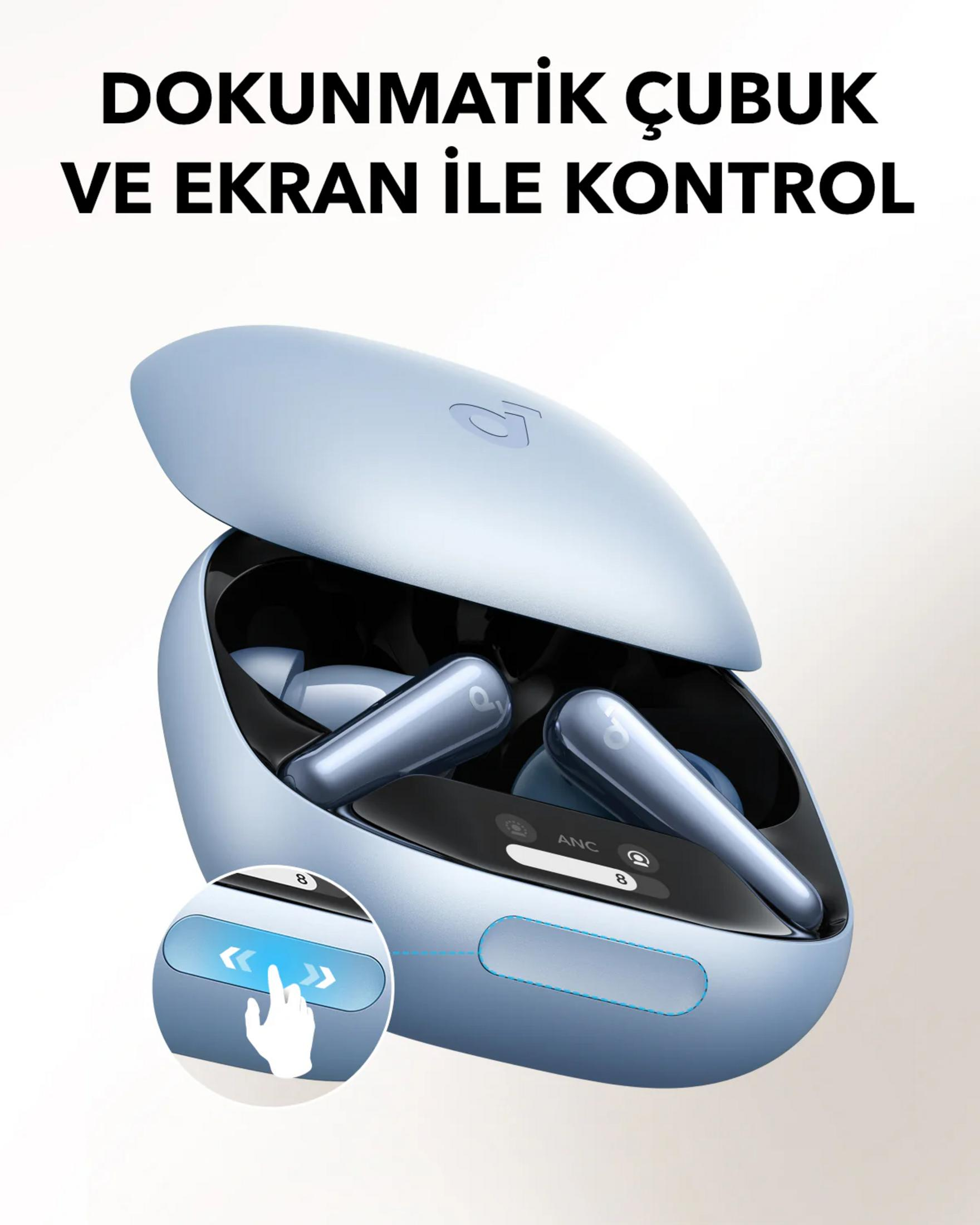 Blaue kabellose Ohrhörer mit Ladecase und Touch-Steuerung.