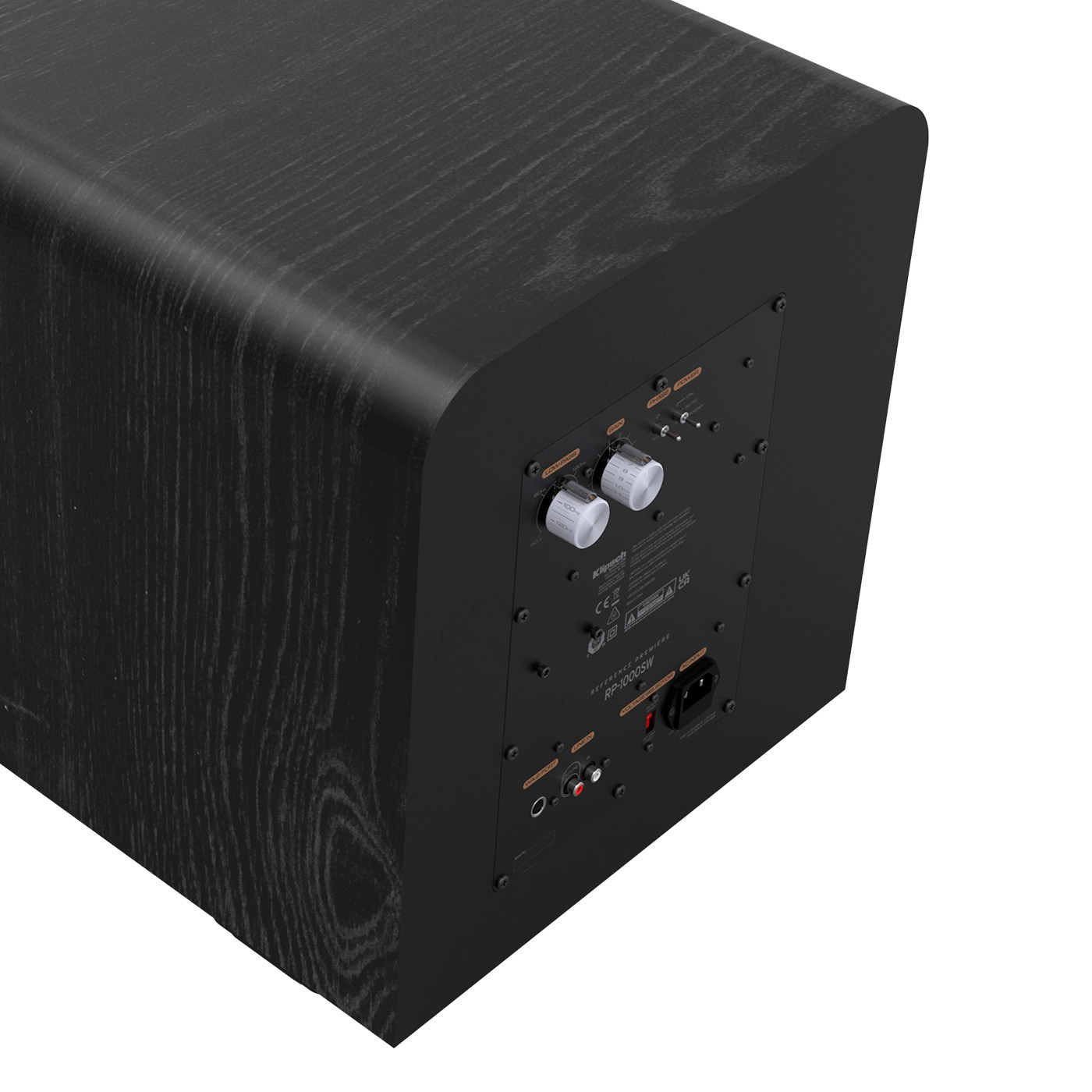 Schwarzer Subwoofer mit Holzmaserung, Rückseite mit Anschlüssen und Reglern.