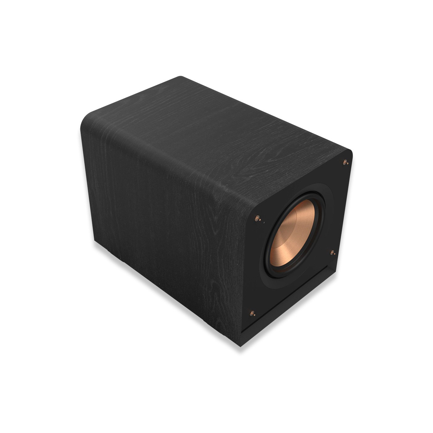 Schwarzer Subwoofer mit kupferfarbenem Lautsprecher auf weißem Hintergrund.