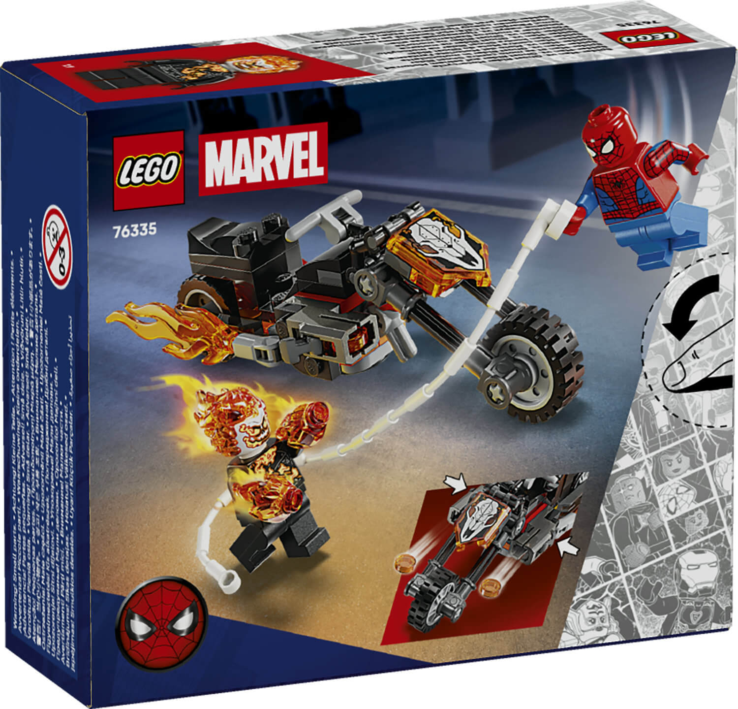 Ghost Rider motosikletli, Spiderman ve Ghost Rider figürlü LEGO Marvel seti.