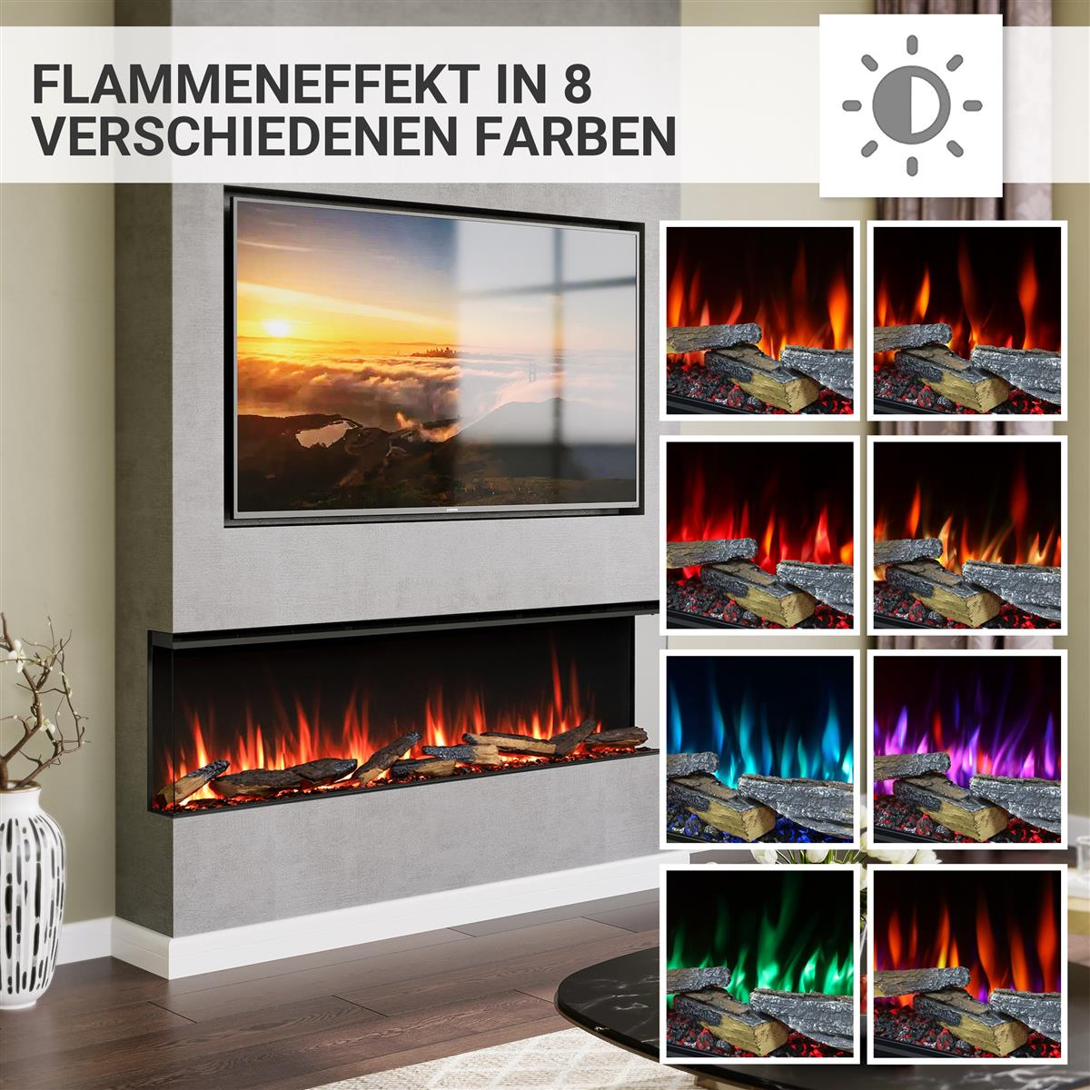 Moderner Kamin mit 8 Flammenfarben und TV-Oberteil.